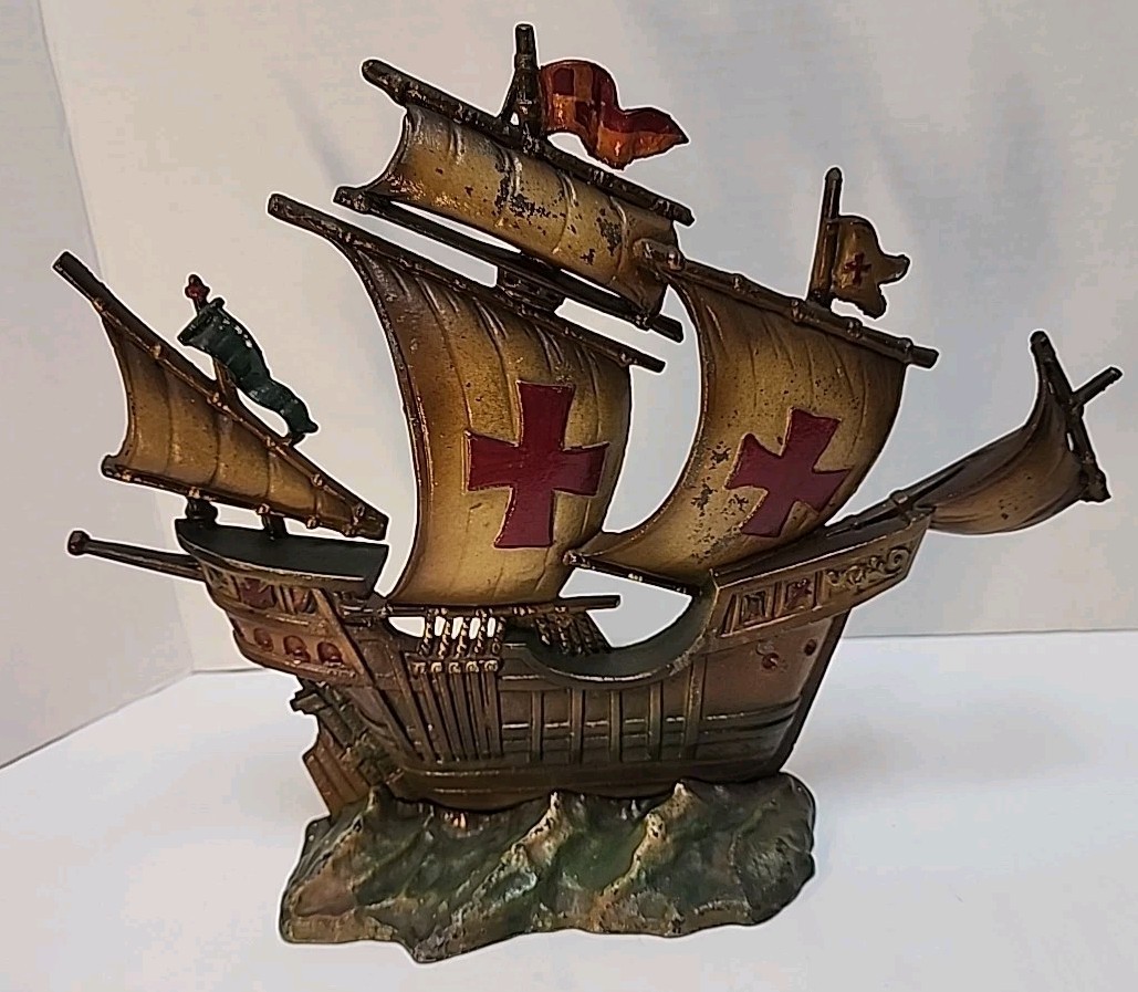 Antique Spanish Cast Iron Door Stop Ship Heavy