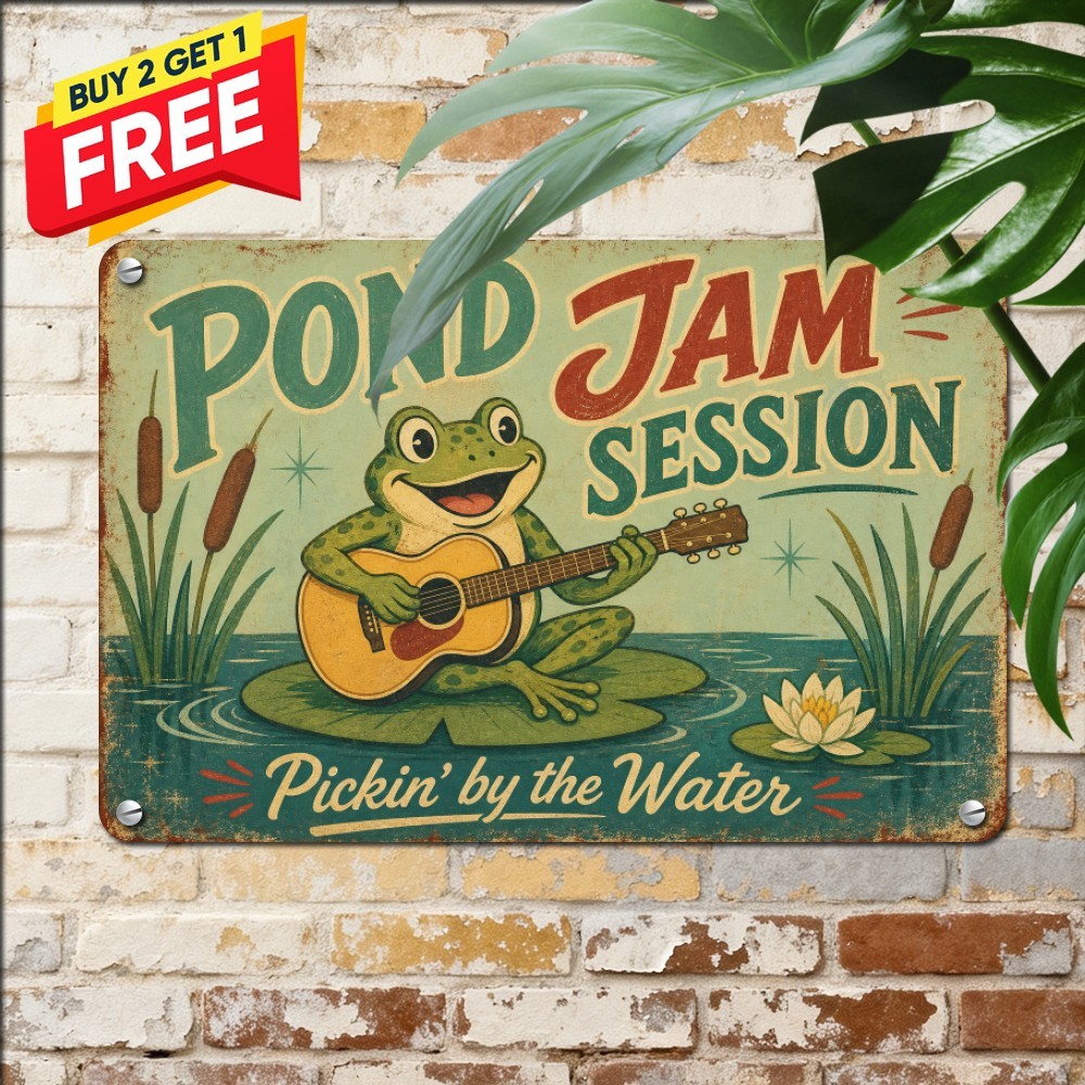 Whimsical Frog Guitarist Music Sign Retro Amphibian Lounge Metal Tin Plaque 8x12
