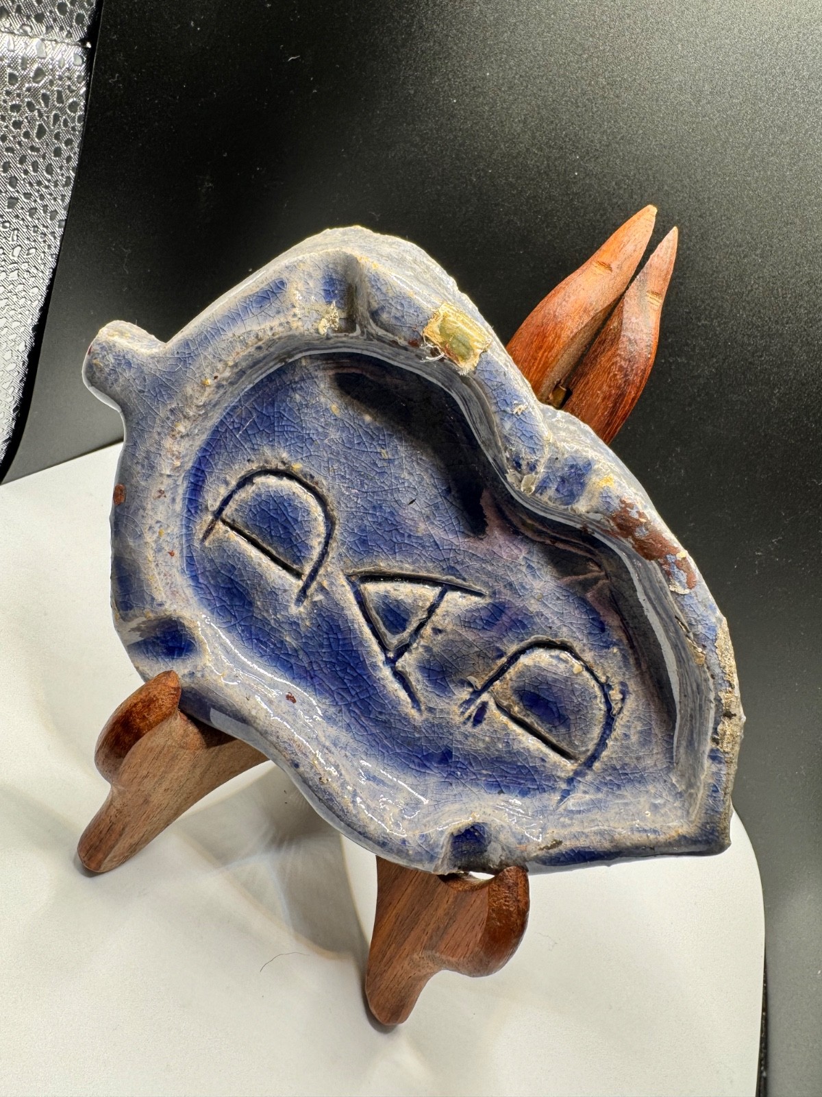 Vintage Studio Pottery Fish Ashtray Blue Crackle Glaze Signed DAD 7\