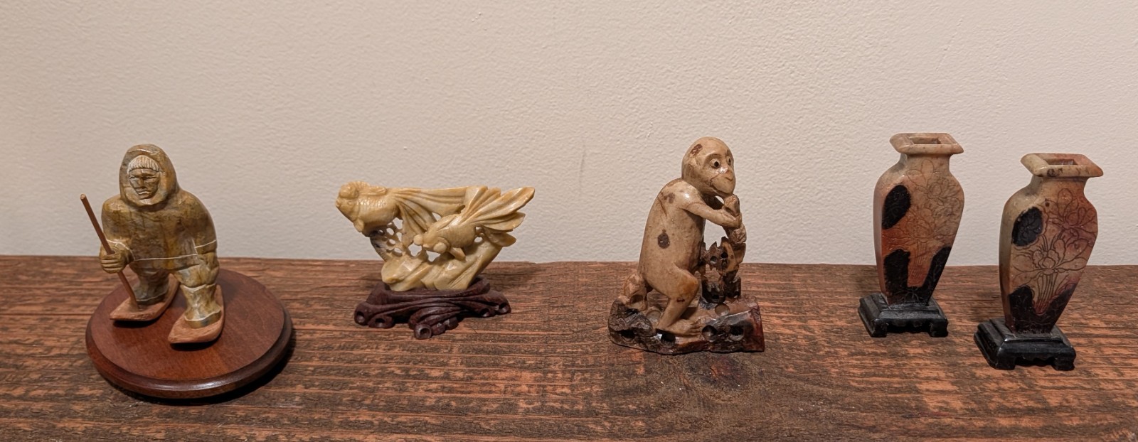 Vintage Soapstone Carved Figurines – Asian Inuit, Koi Fish, Monkey Figure & Vase