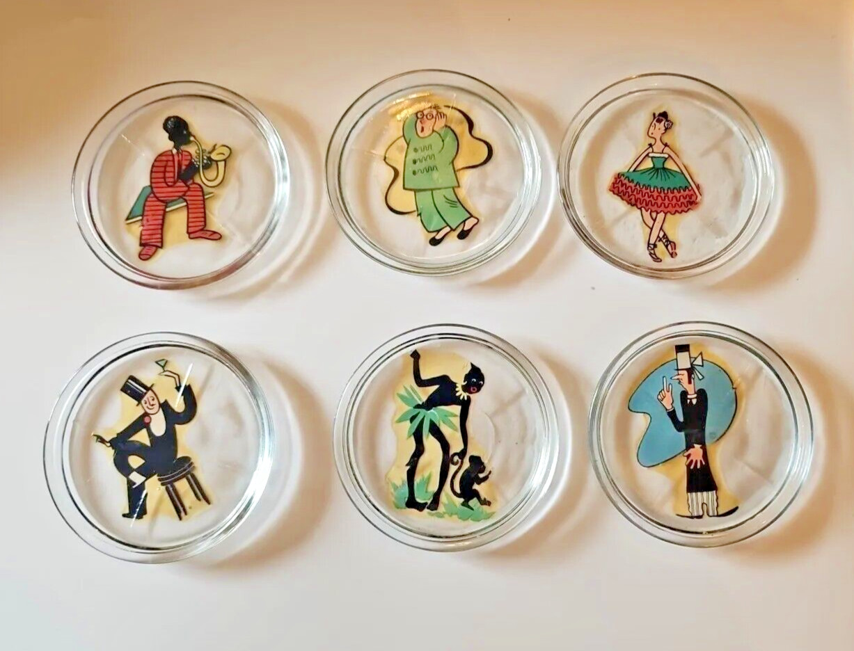 Vintage Set Of 6 Character Coasters Circa 1950\'s Unusual Anthropomorphic Deco