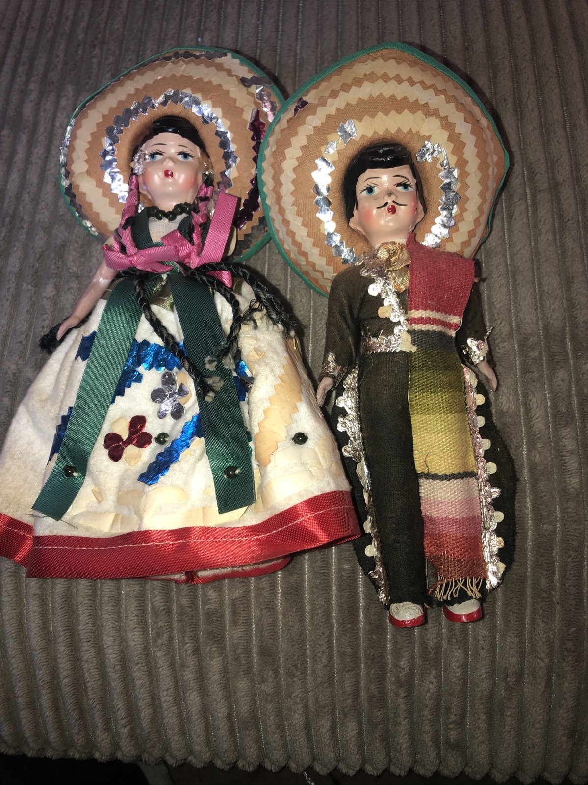 1950s Vintage Mexican Hand Painted Doll. Boy & Girl Sombrero.