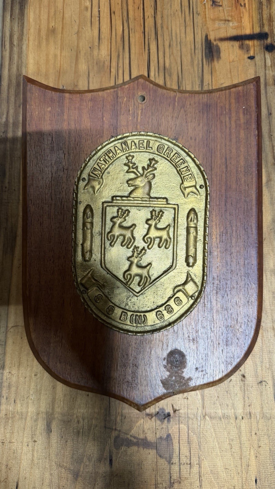 USS Nathanael Greene SSBN 636 Submarine Brass Plaque Wood Shield Crest Vintage
