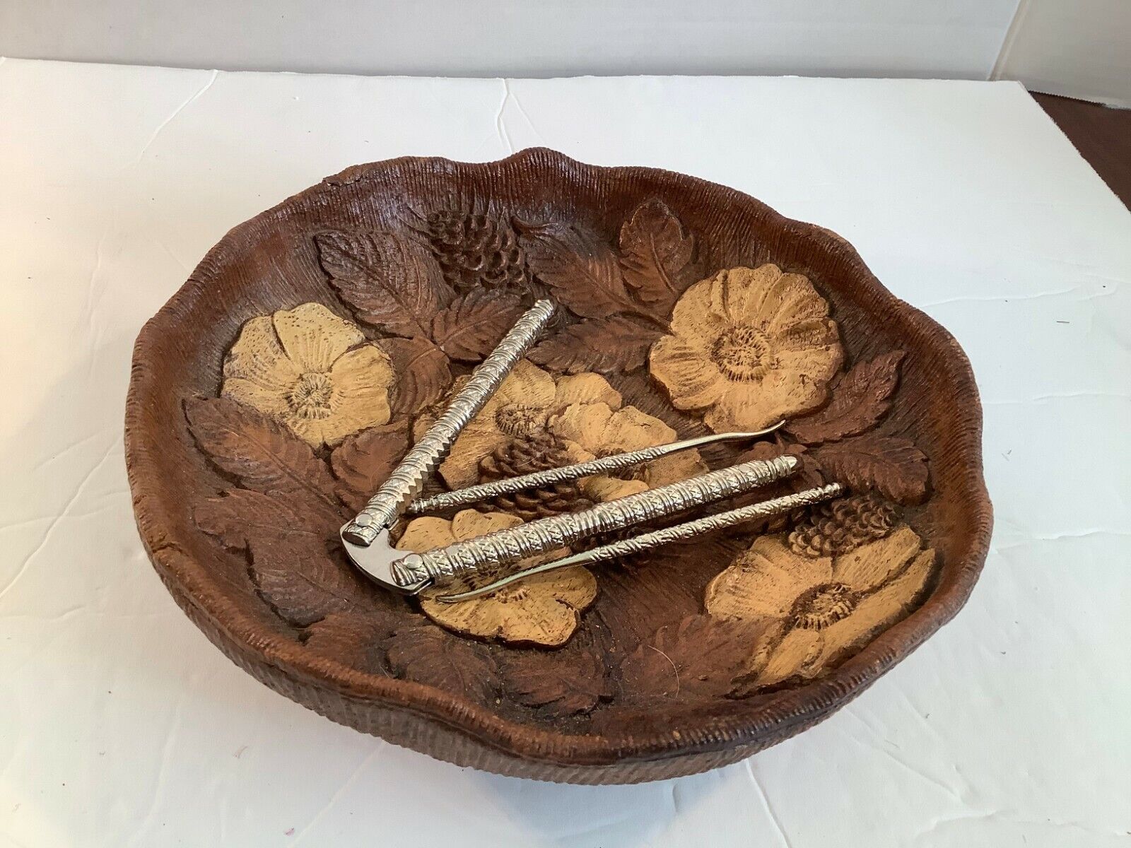 Vintage 1946 Nut Bowl Carved Floral Resin Wood Look w/Nutcrackers & Picks