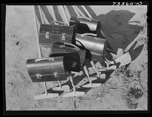 Photo:Nyssa Oregon 1942 Japanese American FSA Camp Lunch Boxes and Hoes