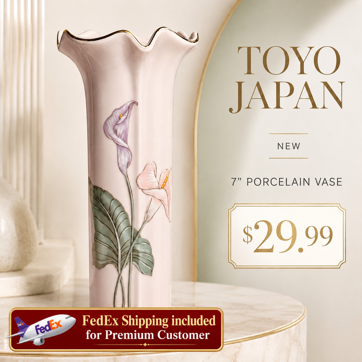 TOYO Octagon Flower Vase, Pink w/Gold Trim, Calla Lily Pattern, Vintage Japan