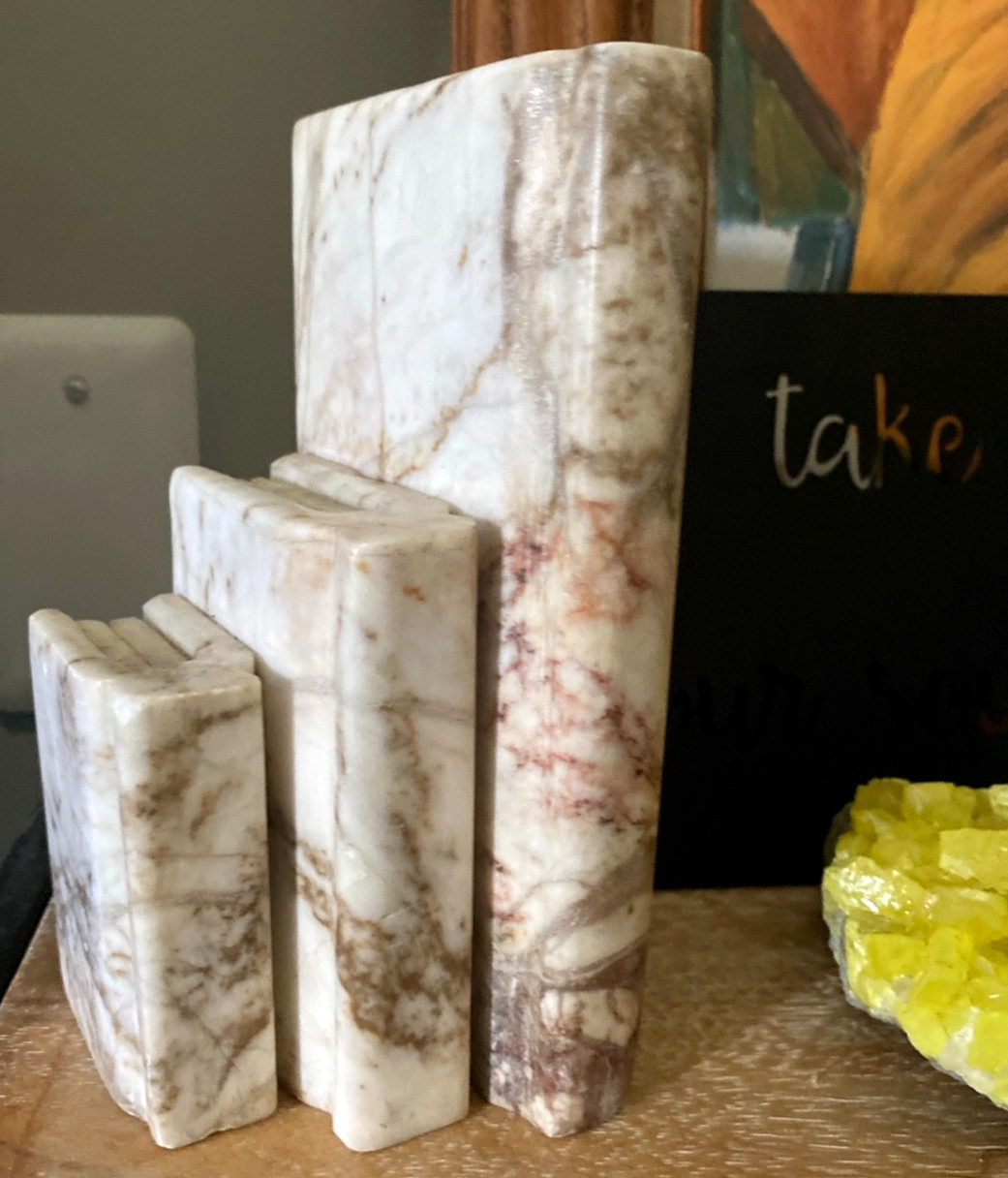 Vintage Italian Carved Alabaster Marble Book Sculpture Trompe l\'Oeil Bookend