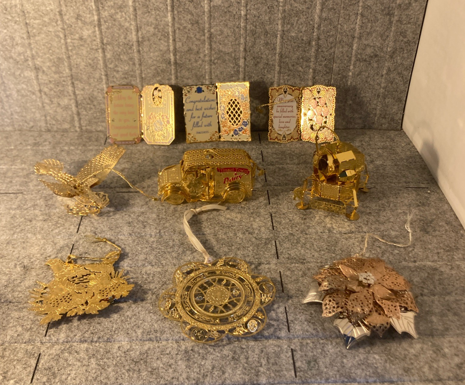VINTAGE 24K PLATED BALDWIN ORNAMENTS LOT OF 9 CHRISTMAS DENALI FLWR POINSETTIA
