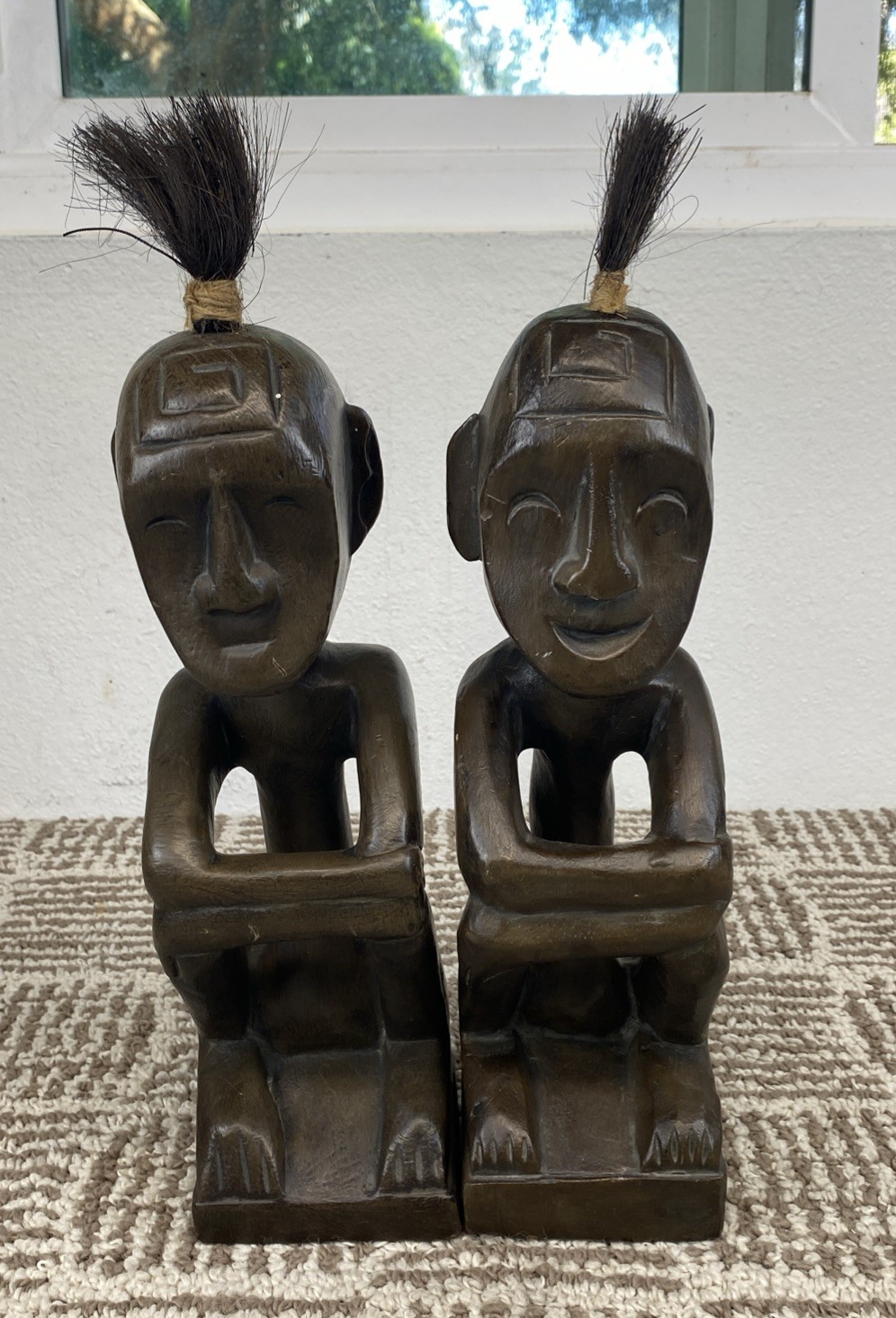 Pair Hand Carved Tribal Wood Figures 13” Tall Folk Art Sculpture Statues