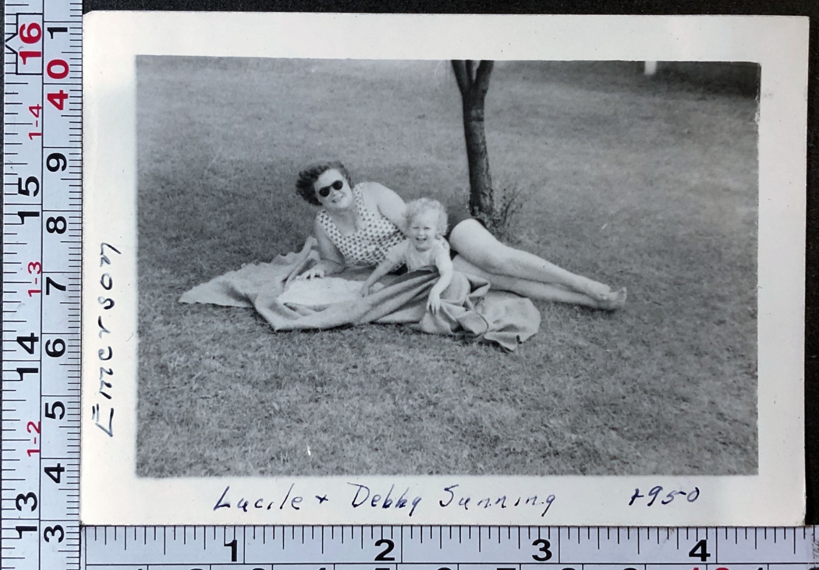 1950 Barefoot Woman and Child Sunning Blanket BW Photo Snapshot