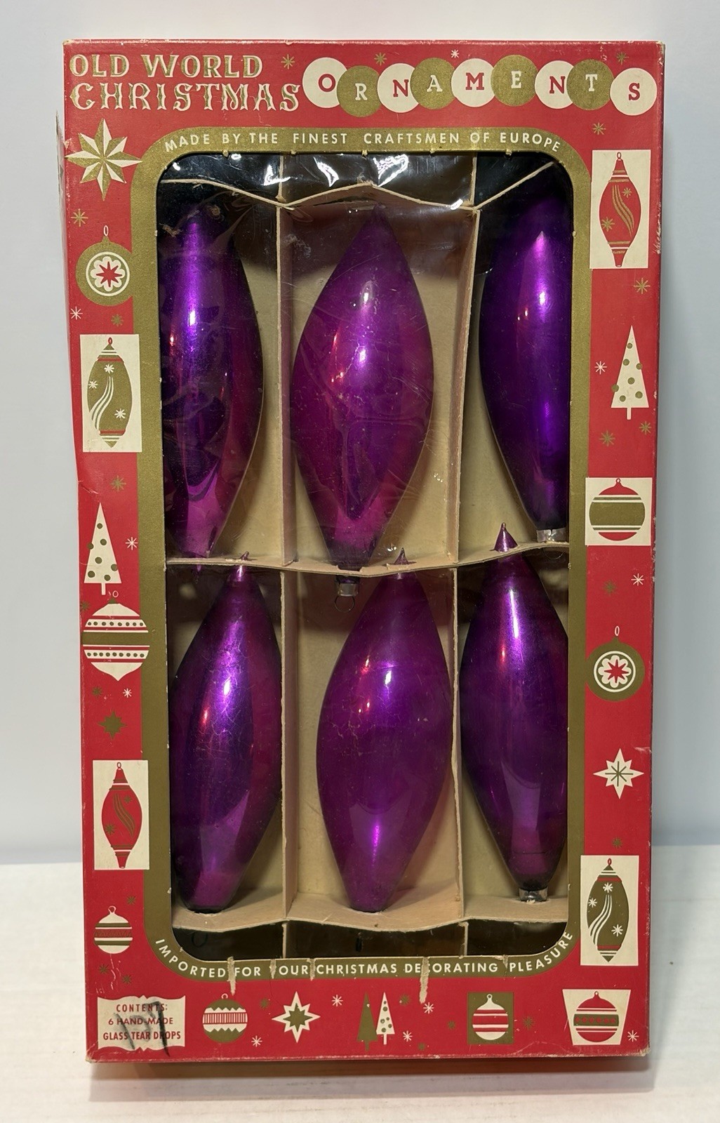 Vtg West Germany Old World Christmas Purple Mercury Glass Teardrop Ornaments Box