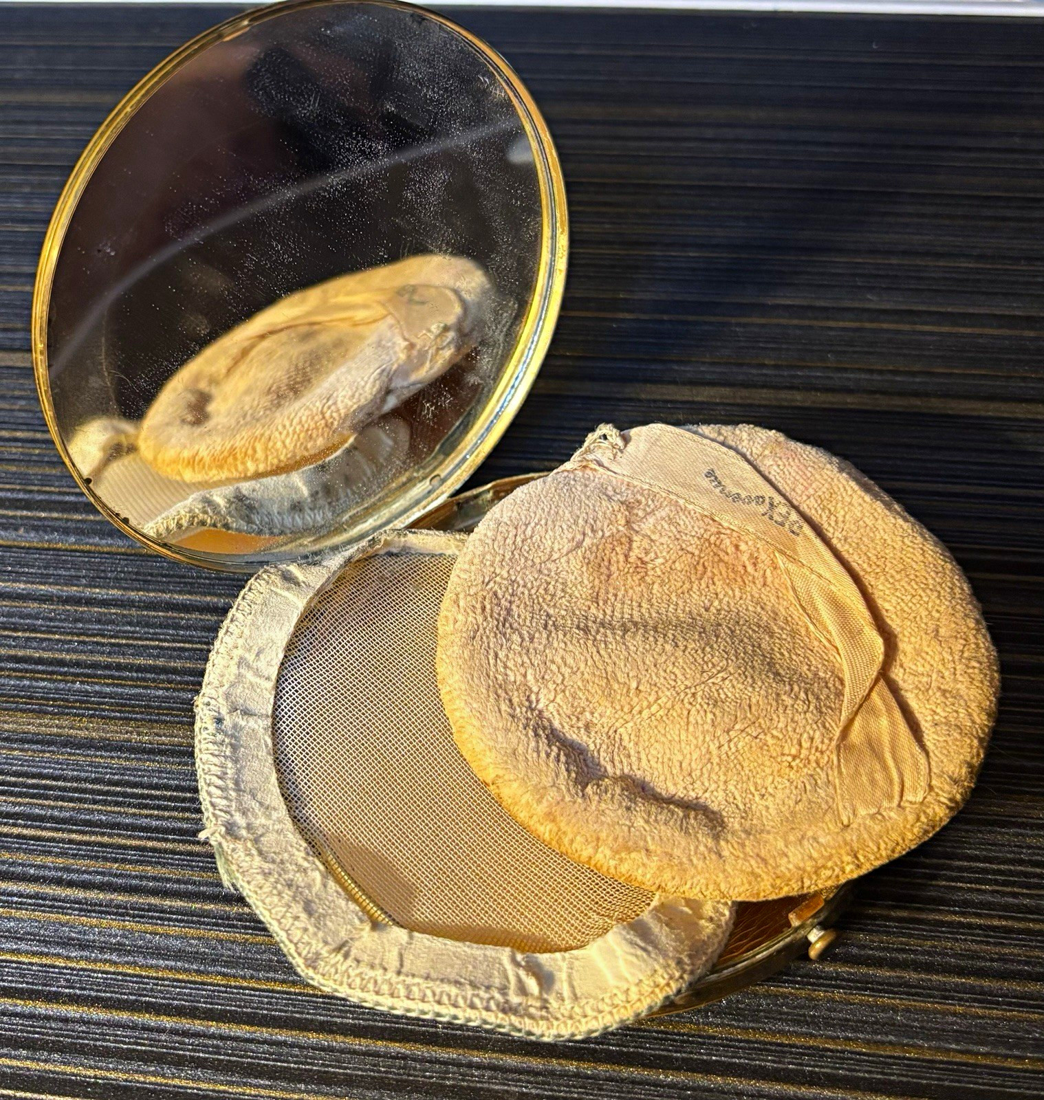 Vintage Gold Tone Compact Powder w/ Mirror & Puff, Black Enamel Floral Lid