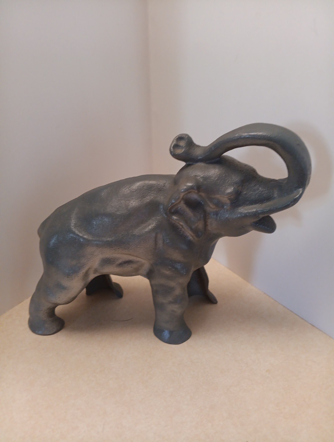 Vintage Cast Iron Elephant Coin Bank Still Money Box Heavy Metal Trunk Up Lucky