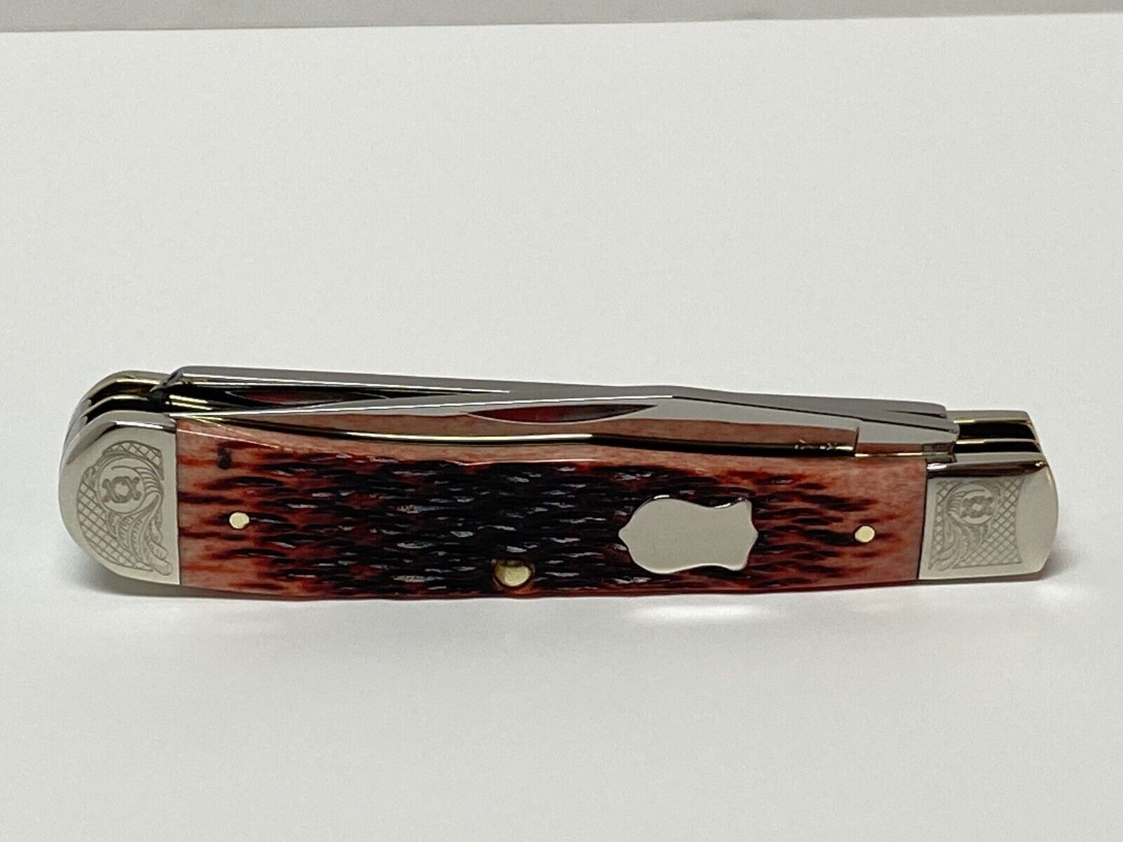 CASE XX SCROLLED ENCYCLOPEDIA MINT SET OLD RED BONE TRAPPER POCKET KNIFE 6254