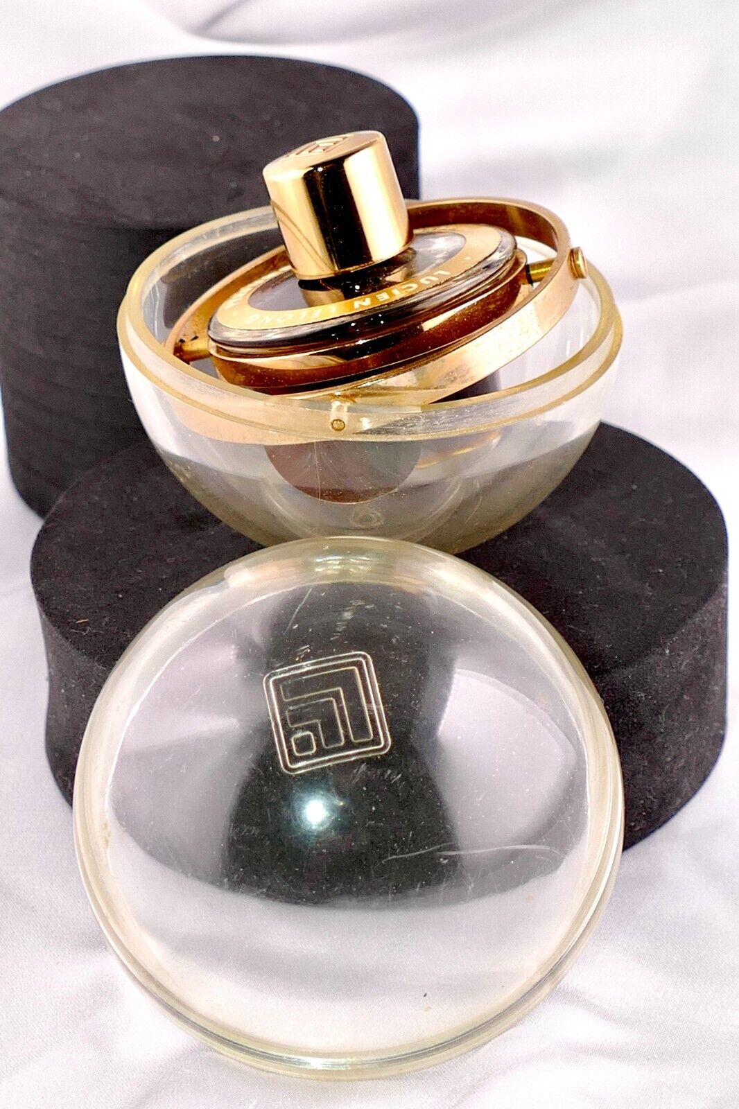 Vintage Lucien Lelong Cachet Perfume in a Cylindrical Bottle/Gyroscope  w/Case