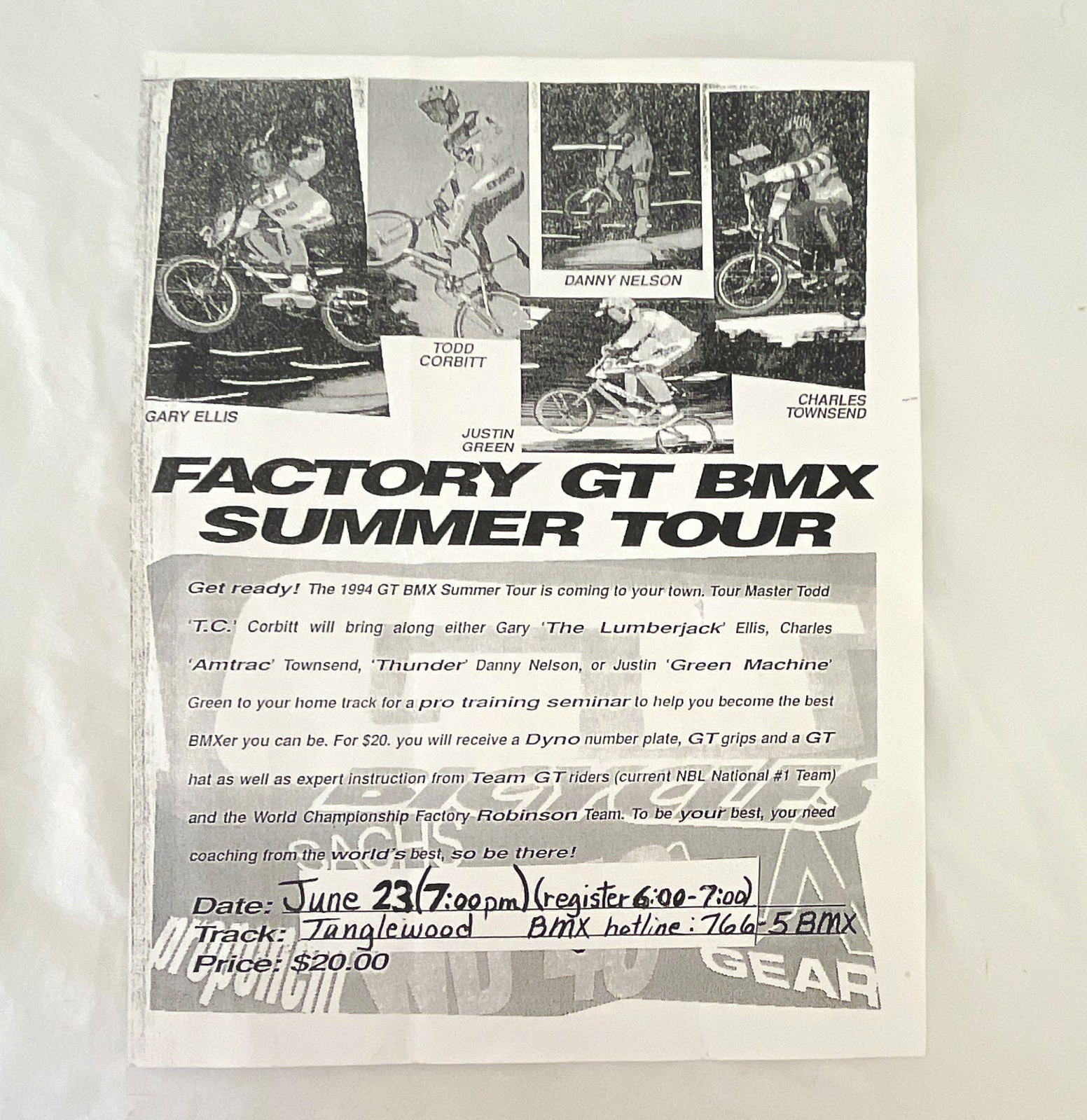 GT BMX Summer Tour 1994 Factory Flyer/Handout Tanglwood BMX Event