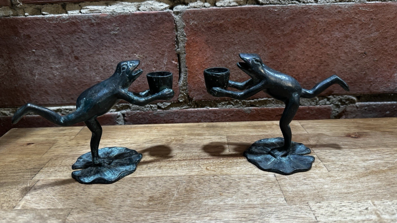 Pair of Vintage SPI Verdigris Brass Frogs on Lily Pads Taper Candle Holders