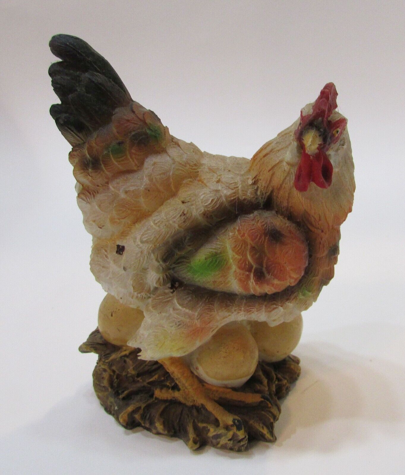 Vintage 1990s Hand Painted Resin Chicken Hen w Eggs Under Her Figurine 4\