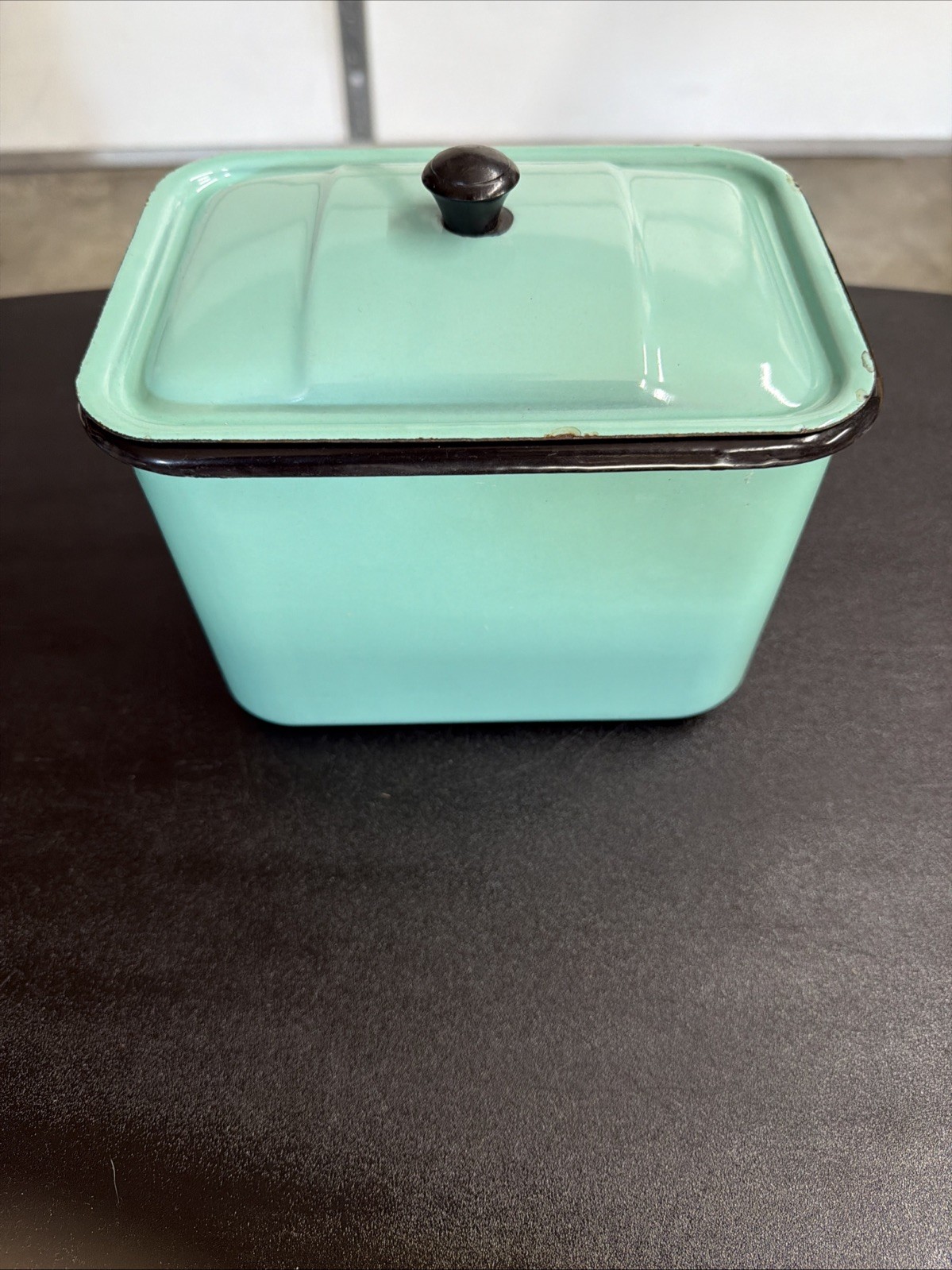 Vintage Aqua Turquoise Enamelware Refrigerator Storage Container With Lid