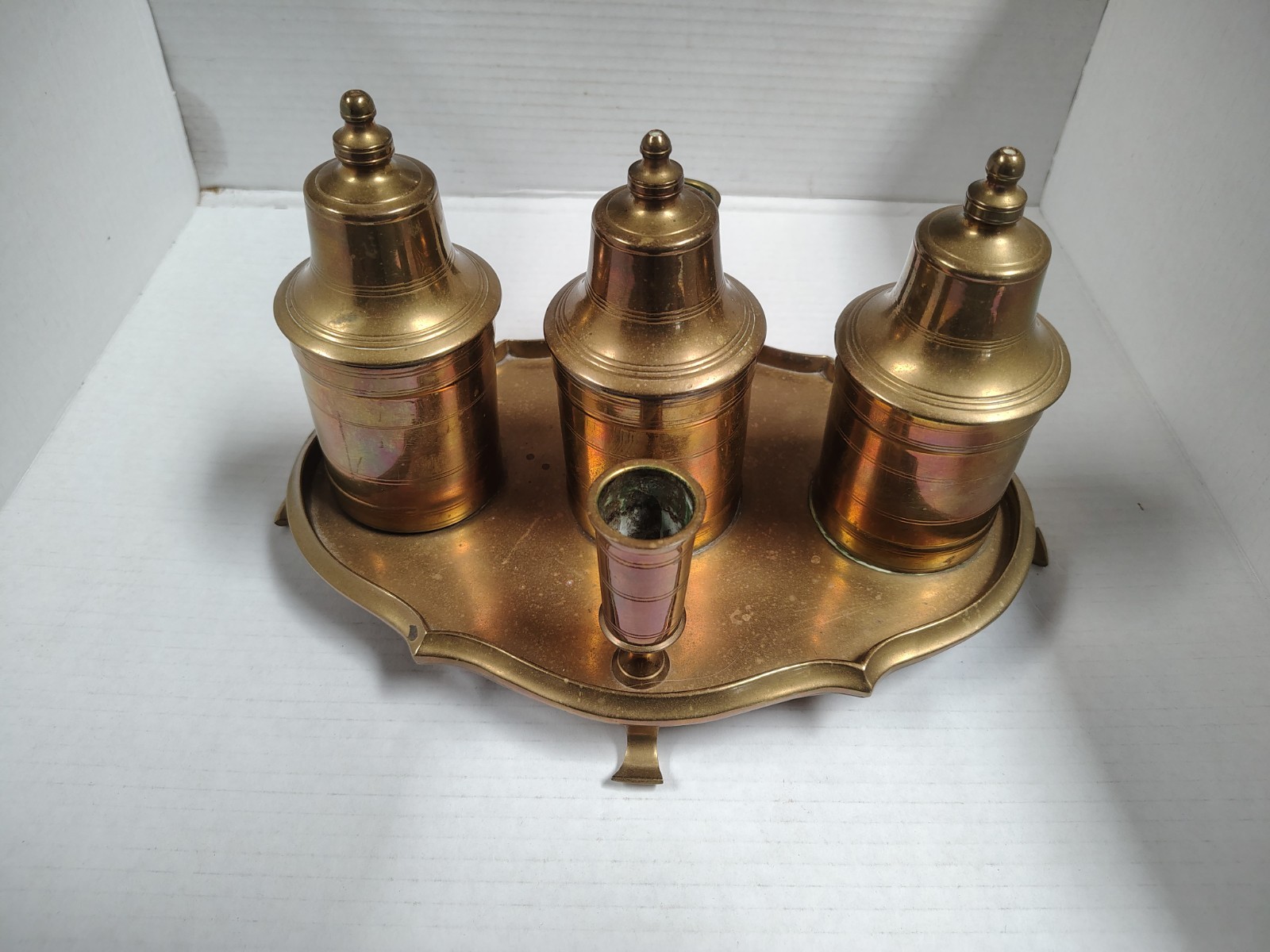 Vintage Mottahedeh Winterthur Brass Inkwell Desk Set Standish Double Well Lids