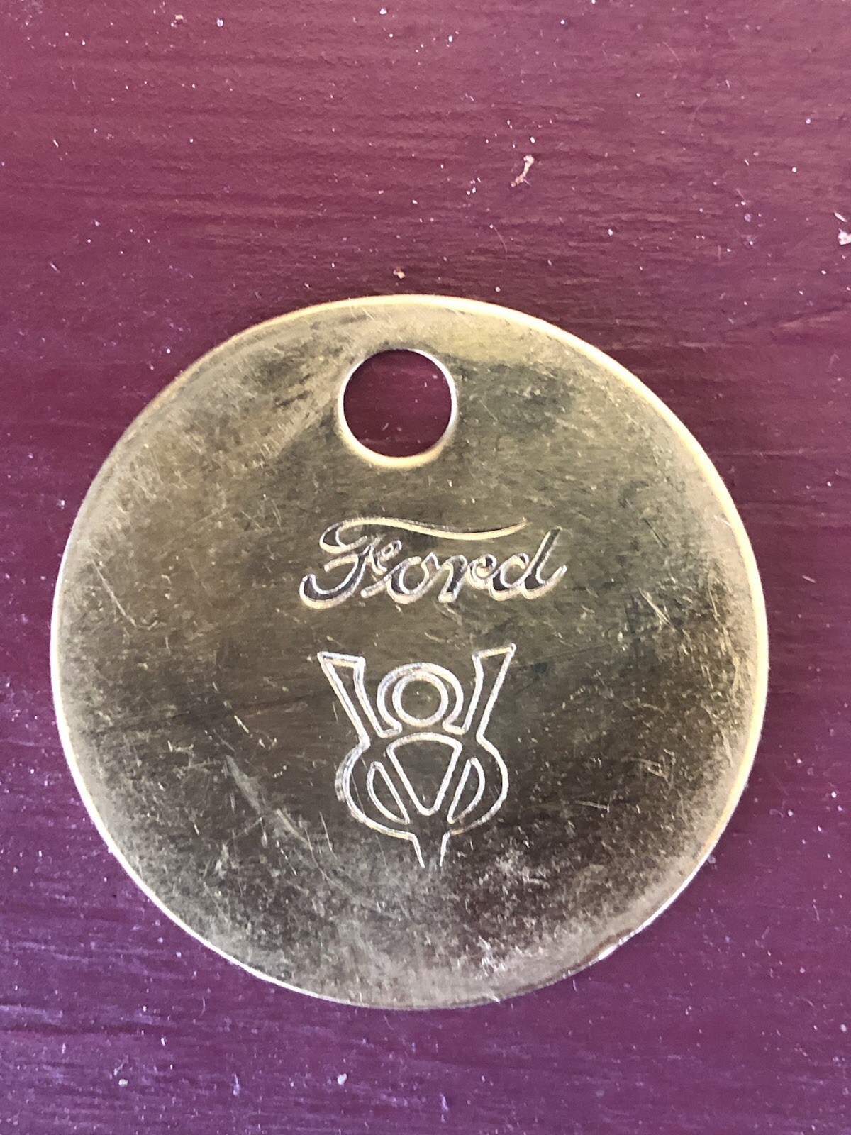 RARE 1.25” Vintage Ford V8 Brass Keyring Tag Model A 32 Imperfect Antique Stamp