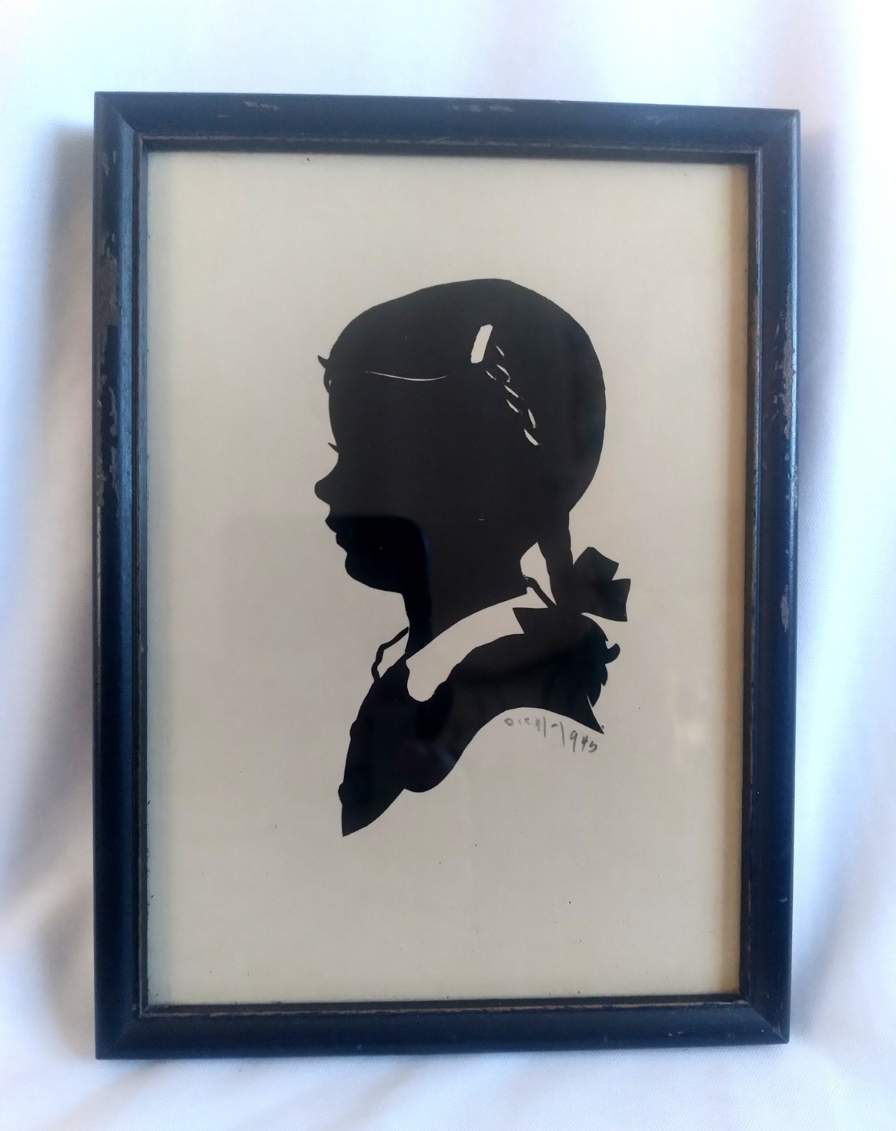 Vintage Black Silhouette Paper Portrait Girl Pigtail Bow Signed Diehl 1945 Frame