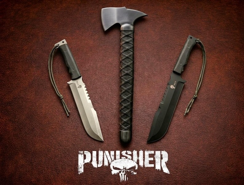 Handmade Punisher M4X Carbon Steel Knife & Axe | Micarta Handle & Leather Sheath