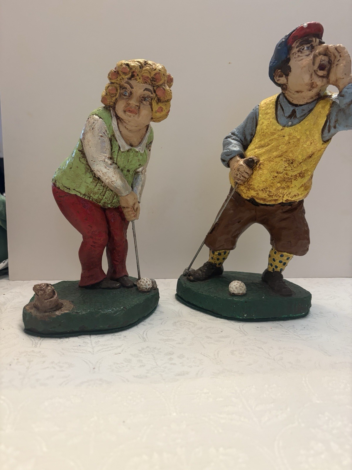 Vintage* Set/Pair of Man/Woman Ceramic/ Plaster Cast Golfer Figures w/ Gopher