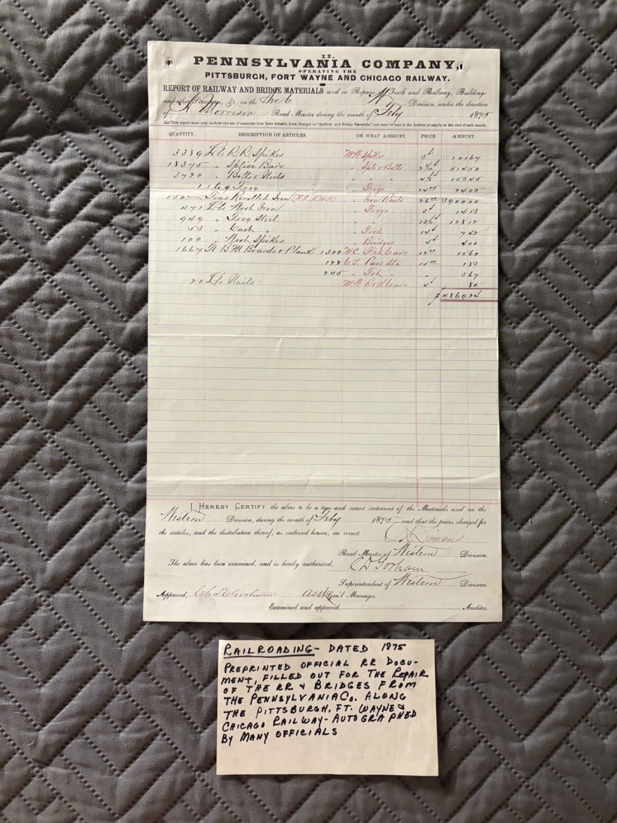 1875 Pennsylvania Company Report of Railway and Bridge Materials 