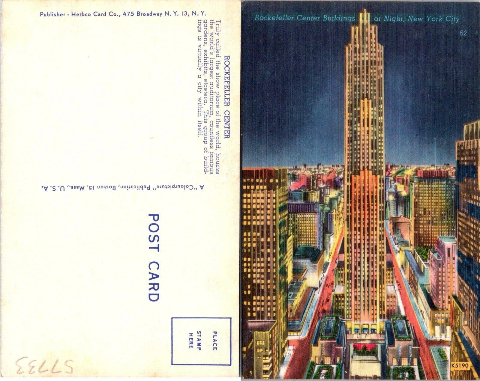 New York City NY. Rockefeller Center Building At Night Show Place Postcard 57733