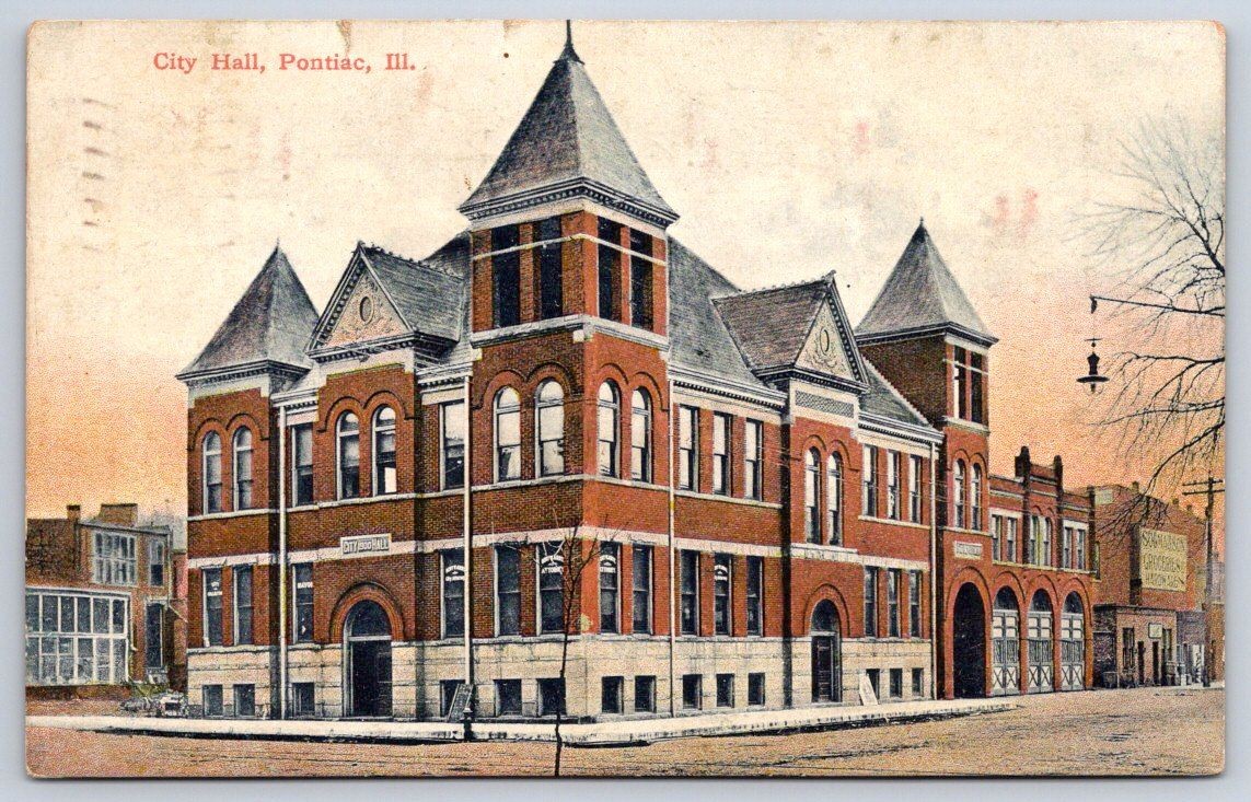 Antique Illinois Postcard PONTIAC City Hall Architecture 1908