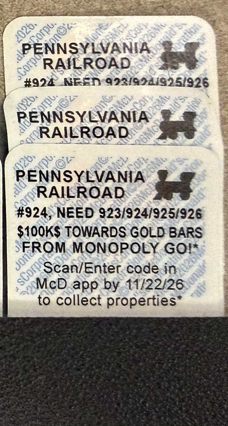 McDonald’s Monopoly stickers - New - Pennsylvania Railroad