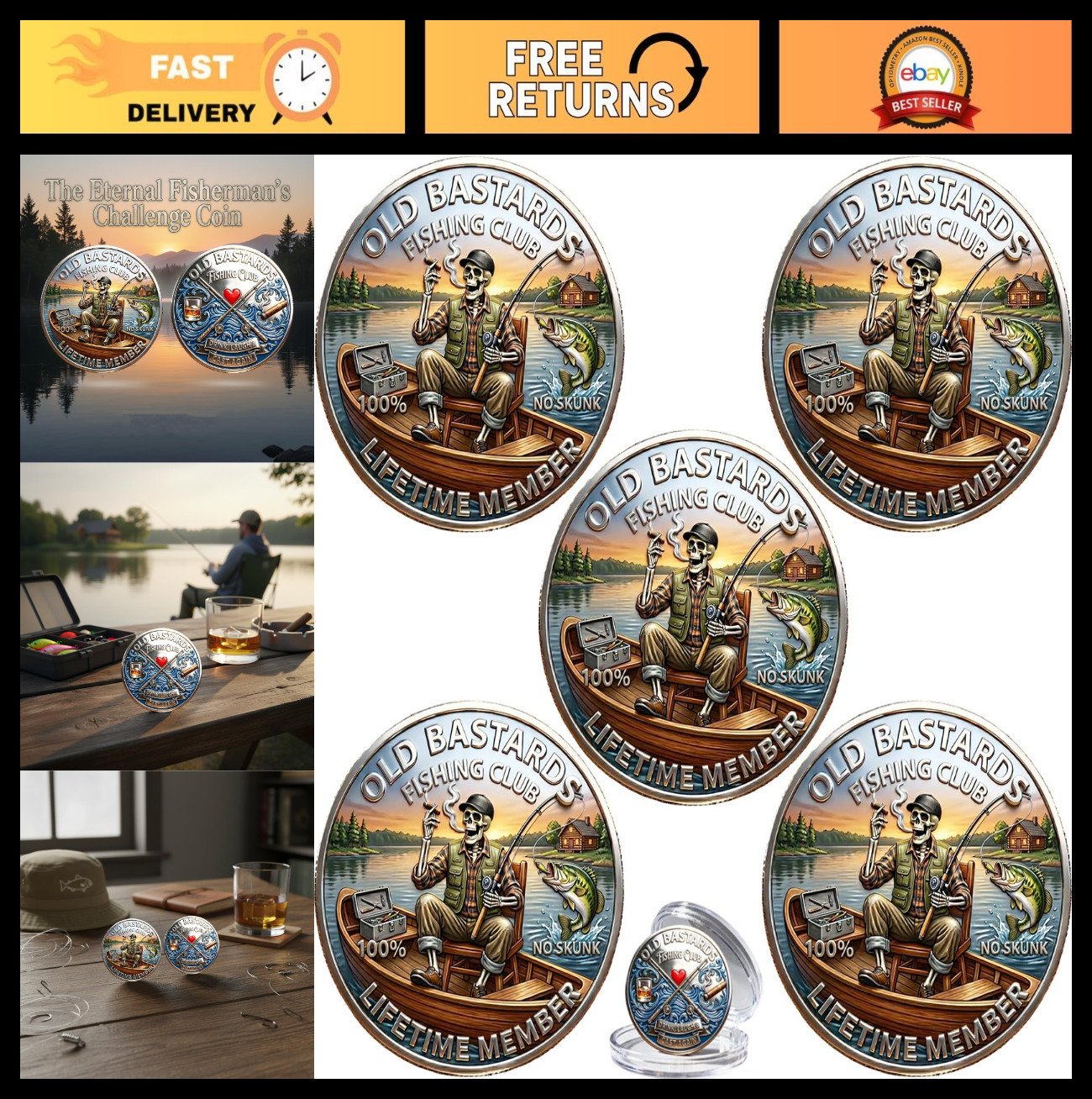 Eternal Fisherman Challenge Coin Set - Funny Fishing Humor Gift for Men (5PCS)