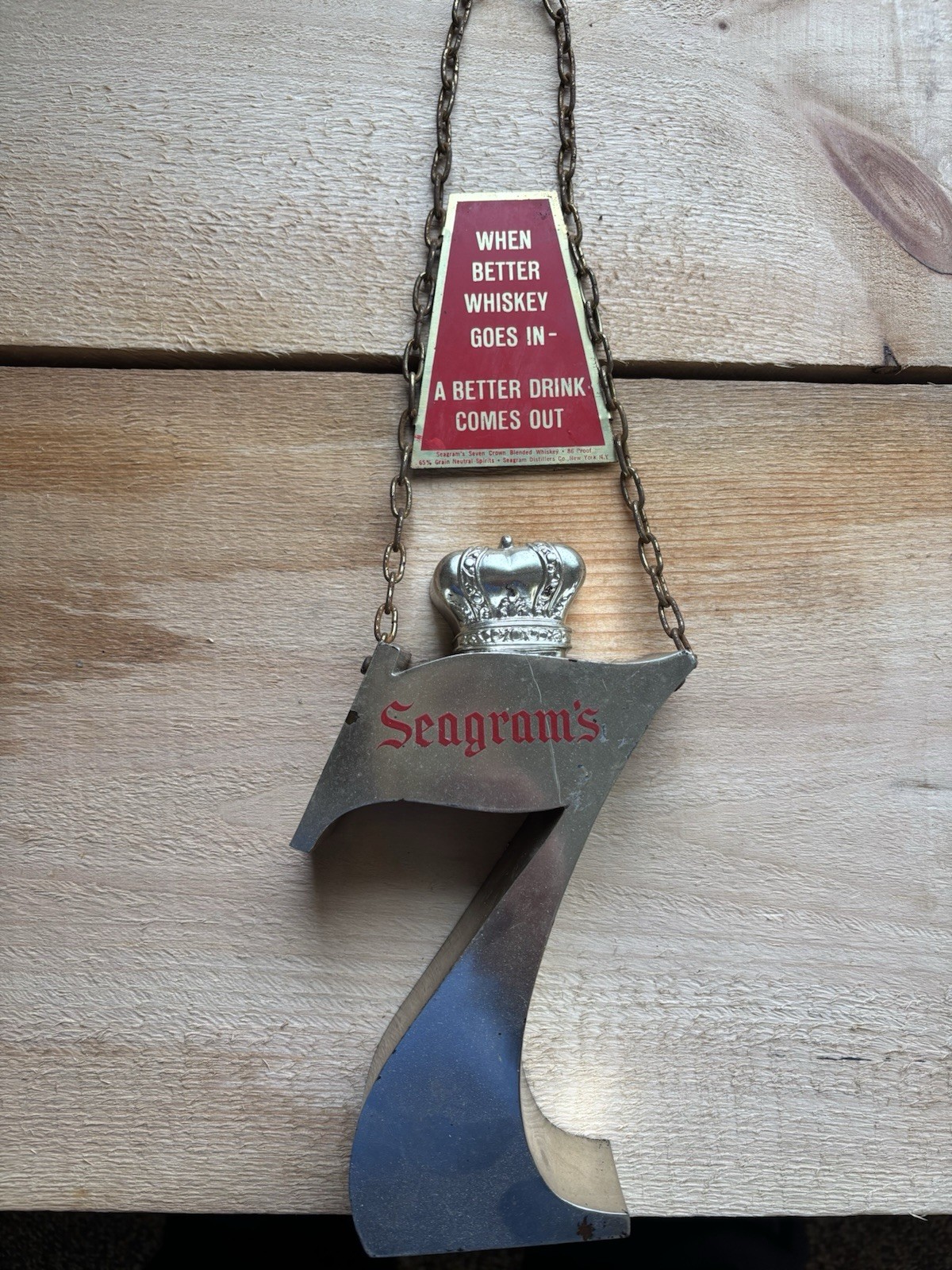 Seagram\'s 7 Crown Hanging Advertising Sign w/ Chain Silver/Red