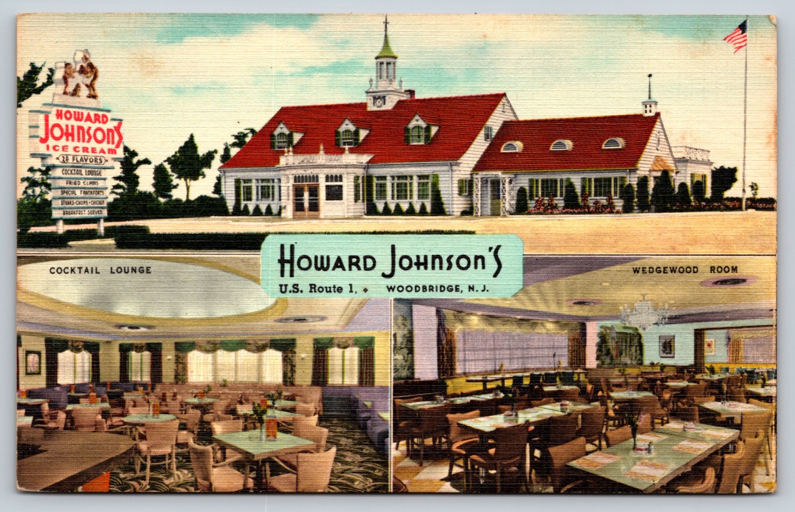 Howard Johnsons Woodbridge New Jersey Linen Postcard Multiview Dining Rooms