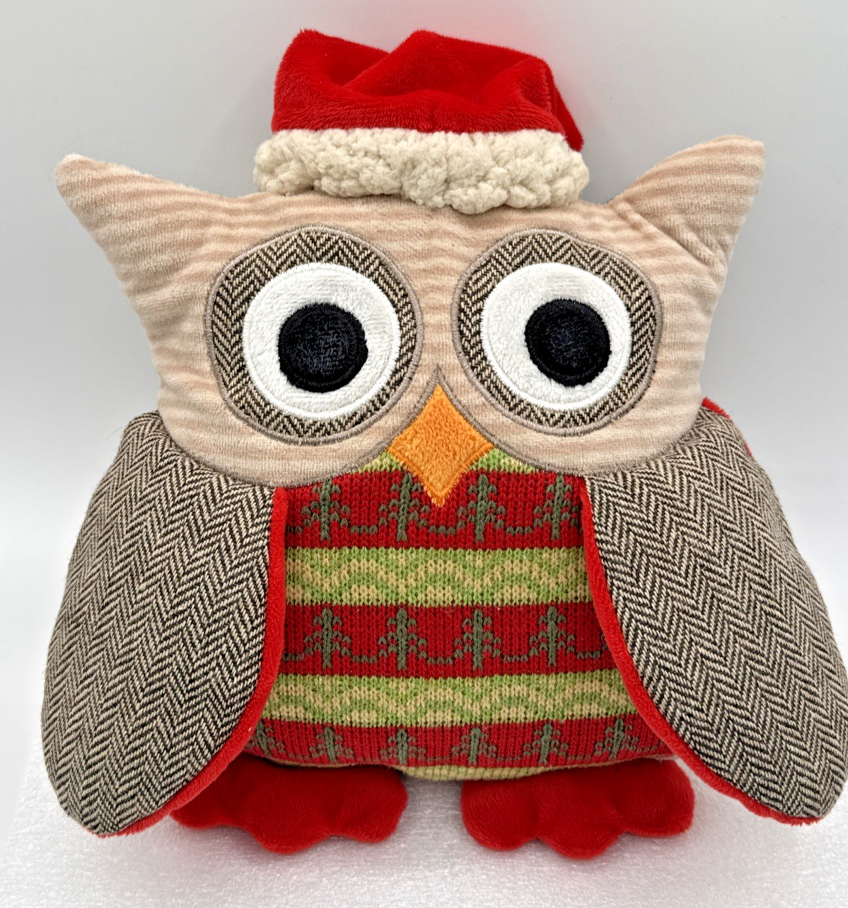 Pier 1 Imports Christmas Seymour the Owl Handwarmer Plush Tweed Santa\'s Hat 9”