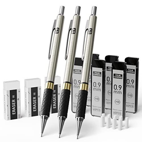 Metal Mechanical Pencil Set 3PCS 0.9mm Art 360PCS HB Lead Refills & 3PCS Erasers