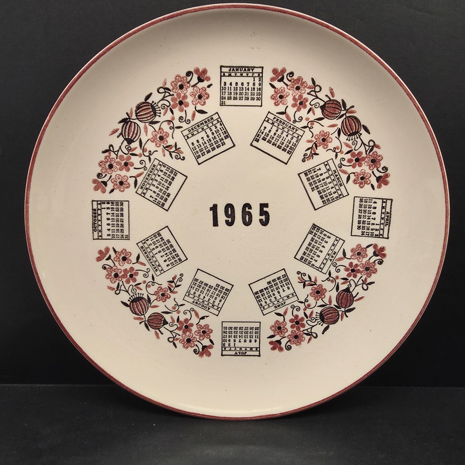 Vintage Collector Plate 1965 Calendar Birthday  Pink & Black Floral 10” Ceramic 