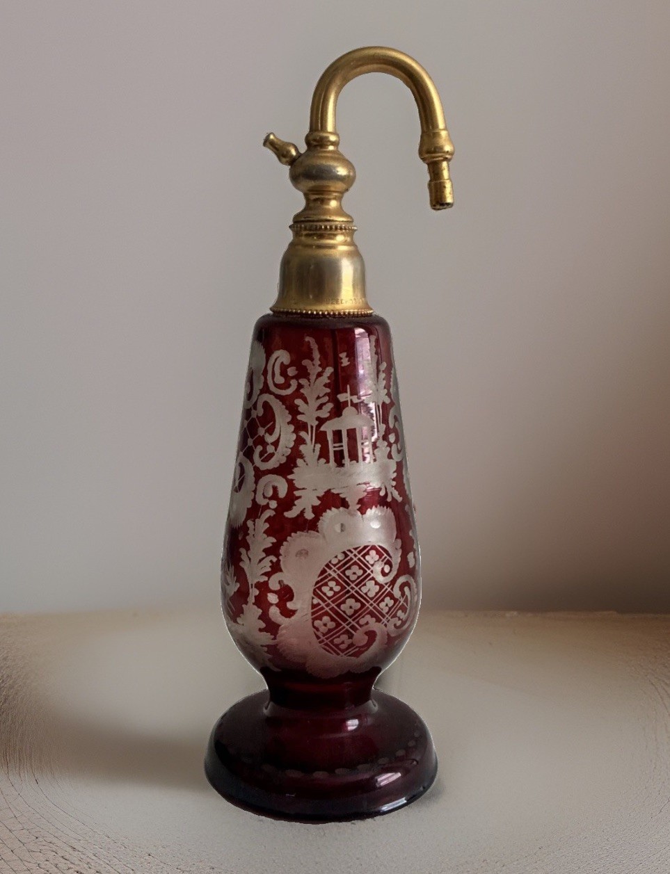 Vintage Bohemian Czech Crystal Cut to Clear Ruby Red Glass Perfume Bottle