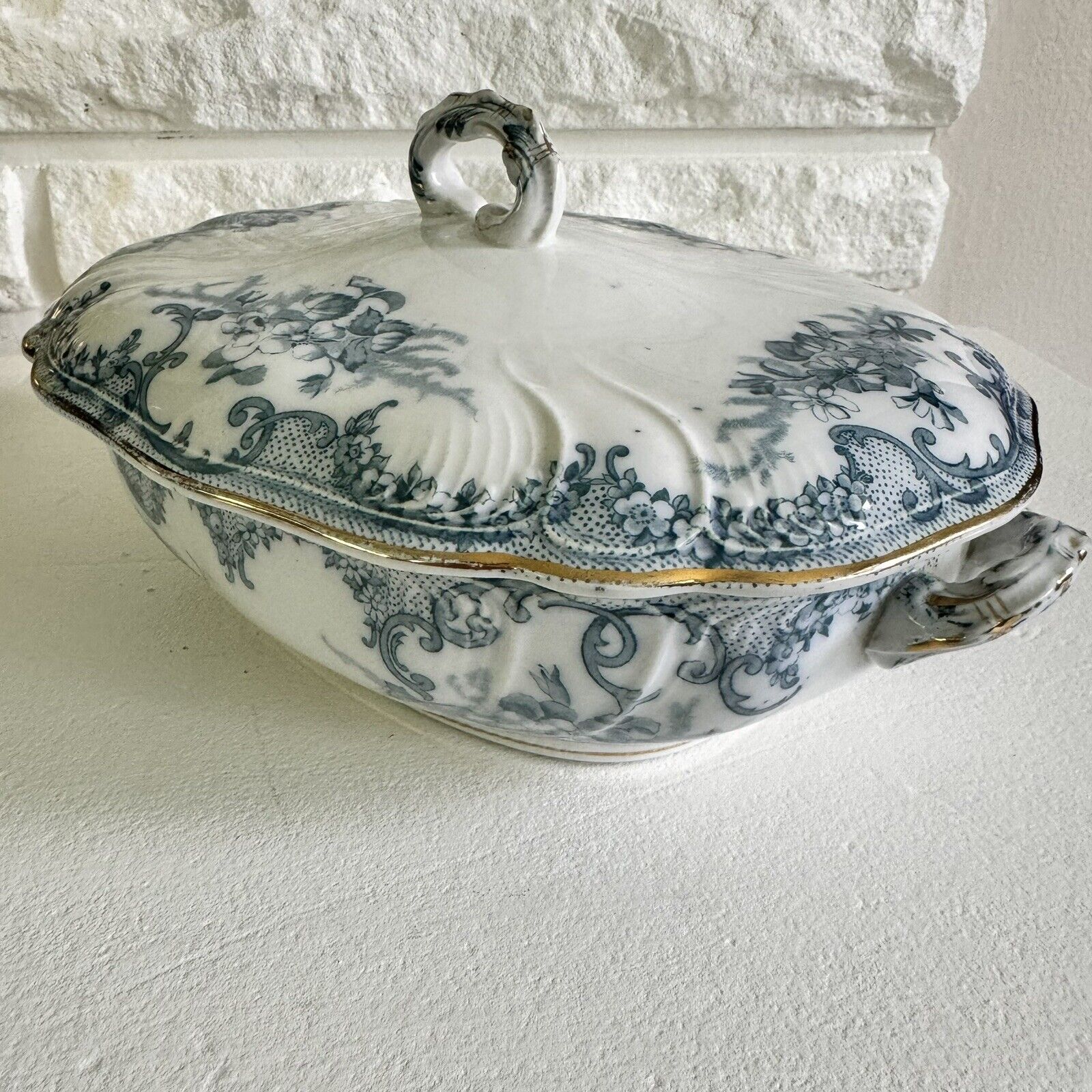 Furnivals Bowl “Versailles” Antique Covered Blue Gold Trim Porcelain England