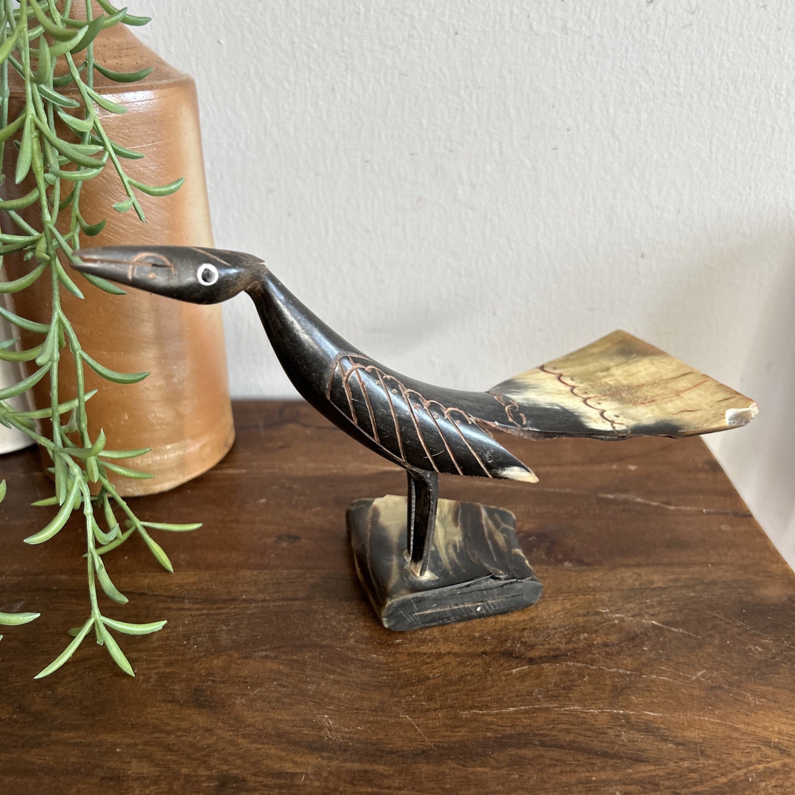 Hand Carved Bird From Water Buffalo Horn Hand Crafted Bird Figurine Vintage
