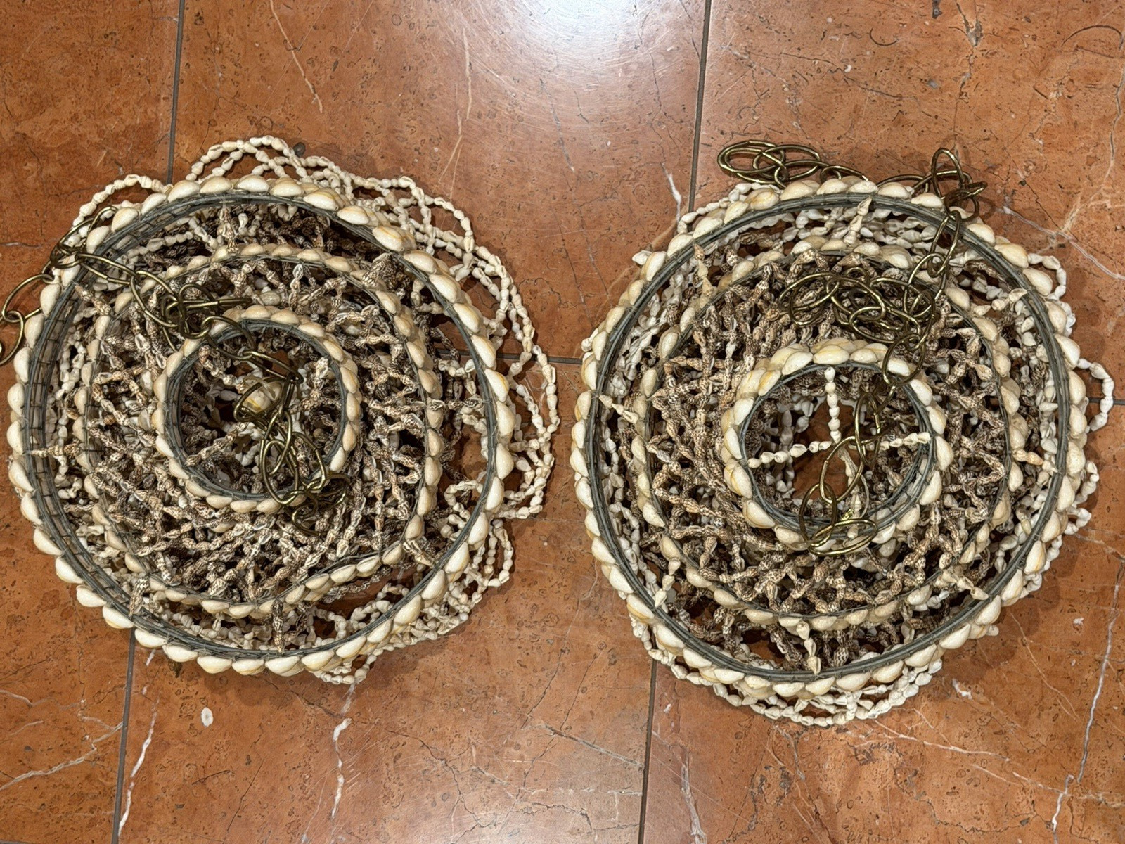 COWRIE PUKA SHELL HANGING CHANDELIER ART PAIR SET LOT 2 VINTAGE BOHO 1970S EUC
