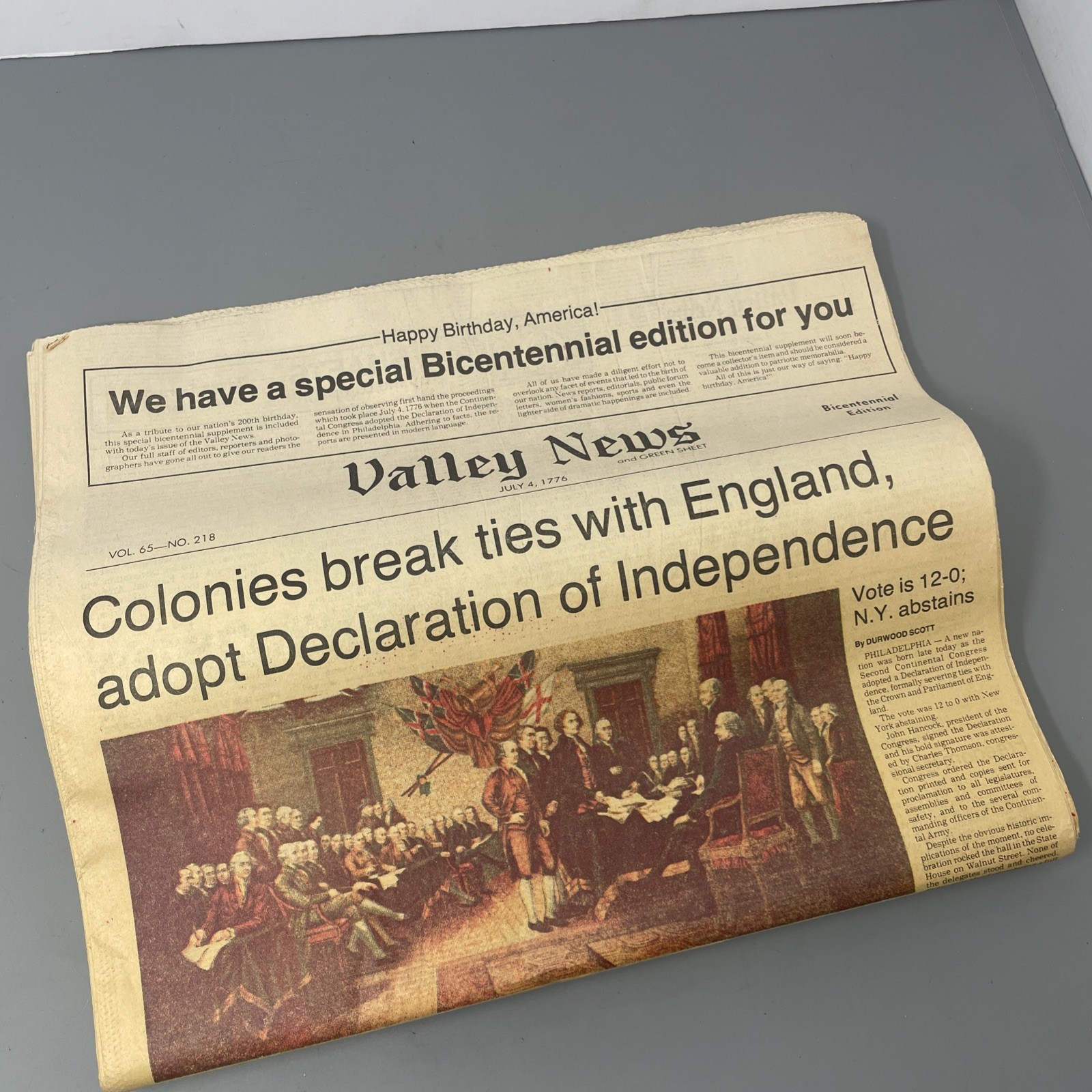Vintage US Bicentennial 1776-1976  Valley News Souvenir Declaration Of Independe