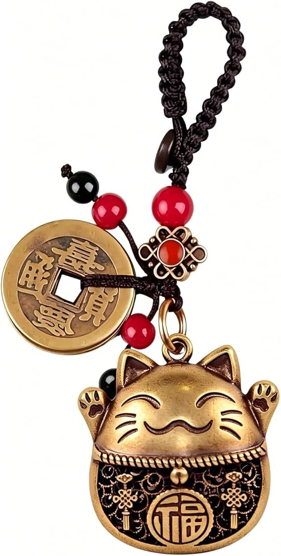 Brass Maneki Neko Keychain, Vintage Lucky Cat Pendant with Five Emperors Money