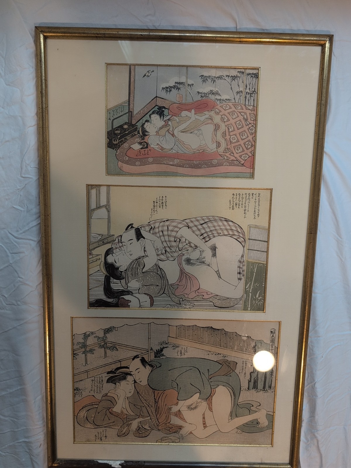 Vintage Japanese Erotic Paintings 3 Framed Together