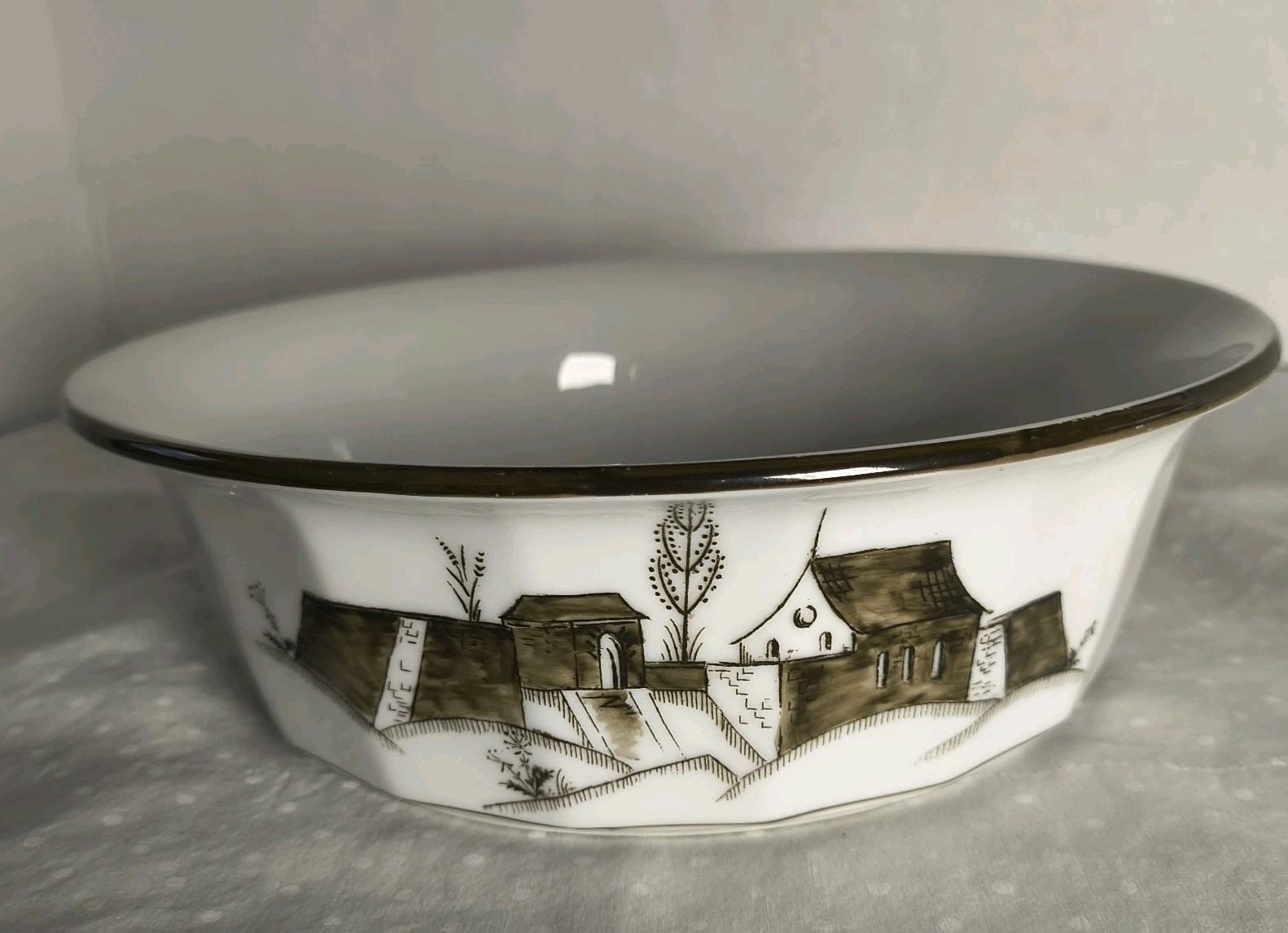 Vintage Porsgrund Vegetable Serving Bowl Handpainted Brown Town Wall Gate 8.25\
