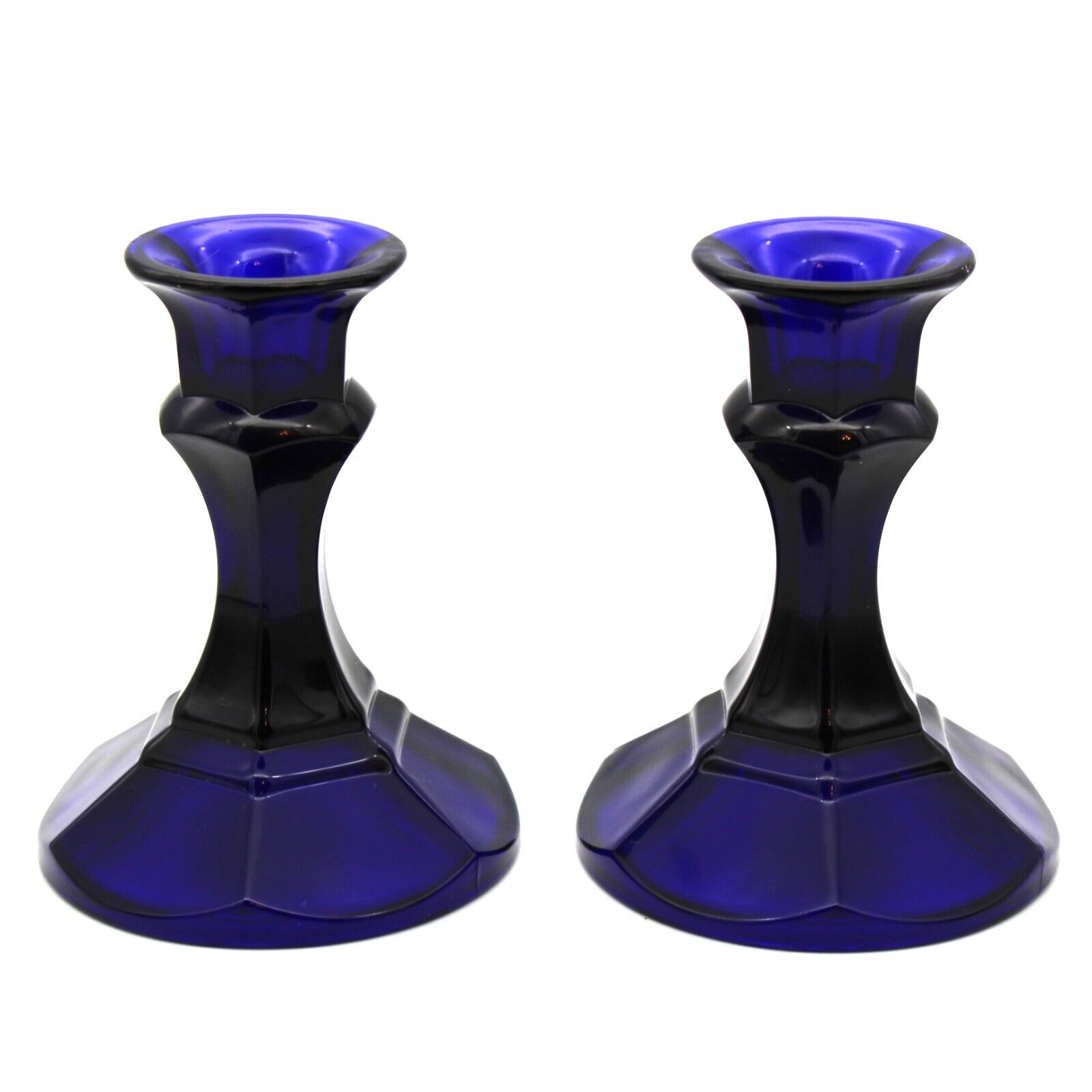 Libbey Cobalt Blue Glass Candlesticks Candle Holders Six Panel Set Of (2) 4 1/4\