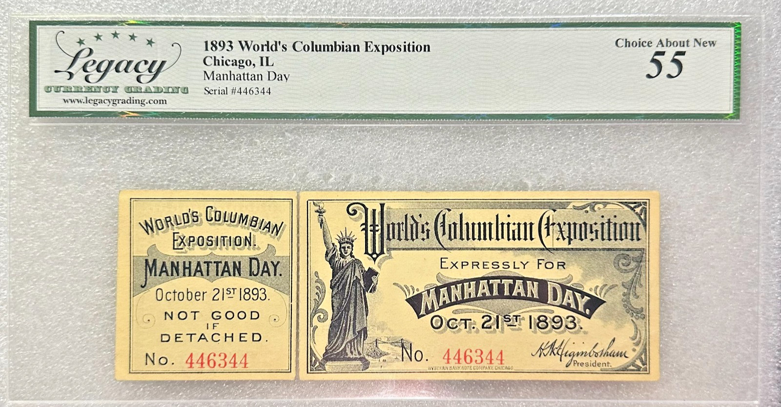 1893 World’s Colombian Exposition Chicago IL Manhattan Day w/stub Legacy 55