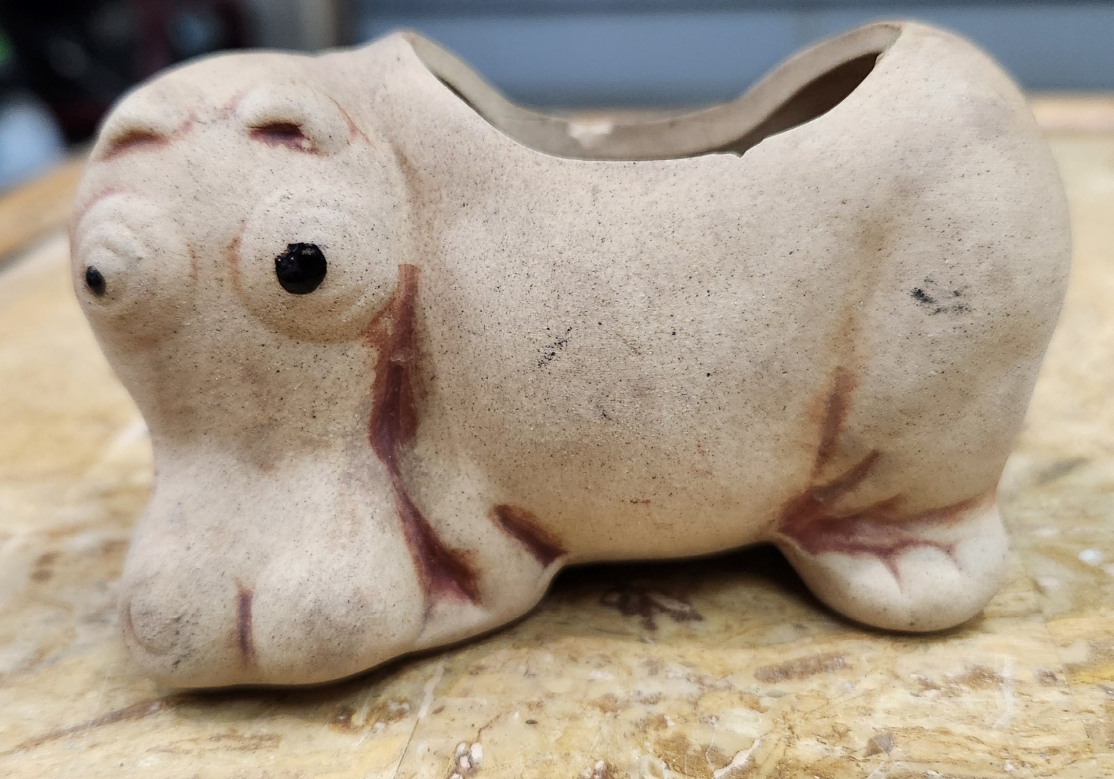 Vtg Small Ceramic Hippo Planter Matte Unfinished Clay Hippopotamus Match Holder 