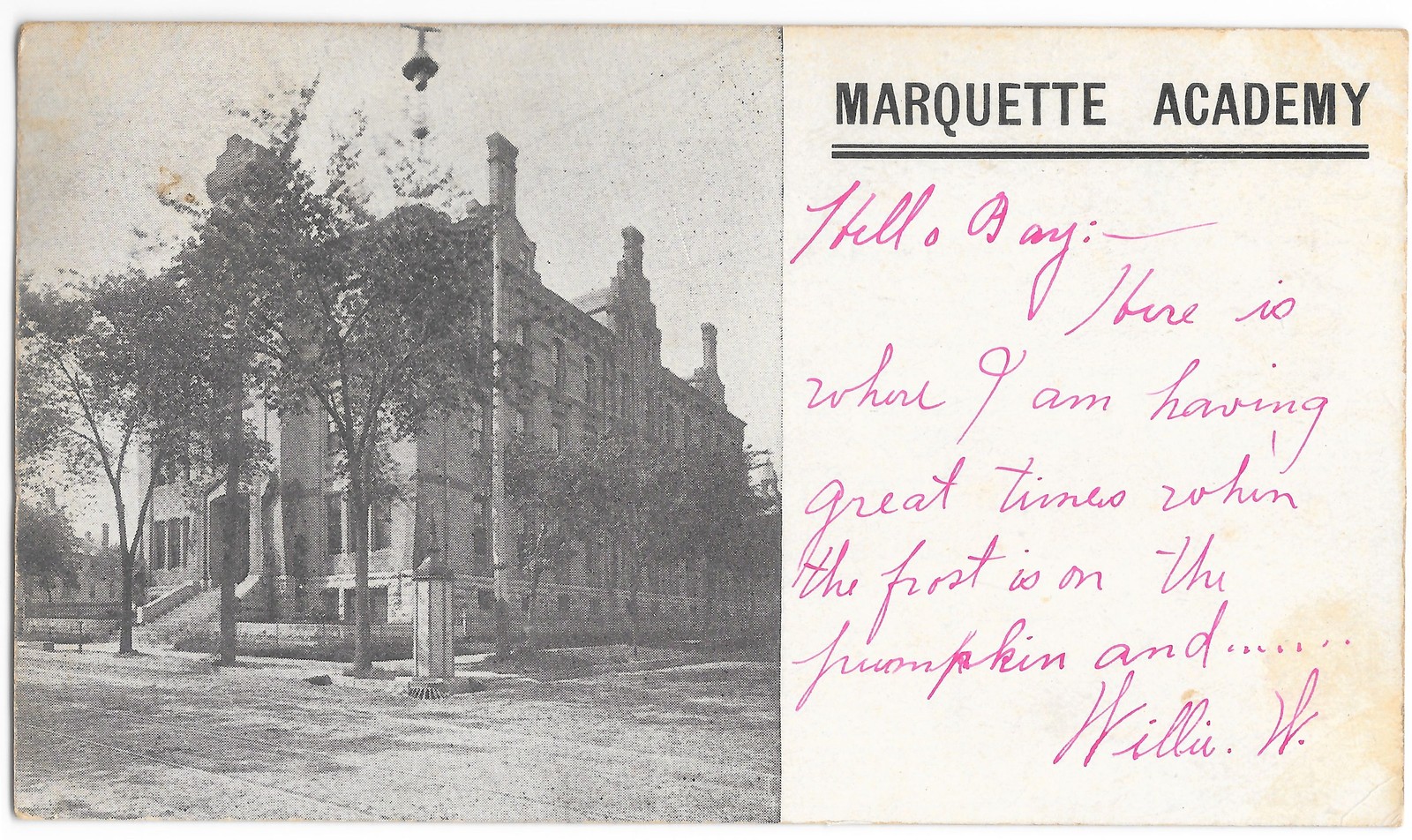 Marquette Academy Milwaukee WI 1907 Postmark Divided Back Postcard Bertram